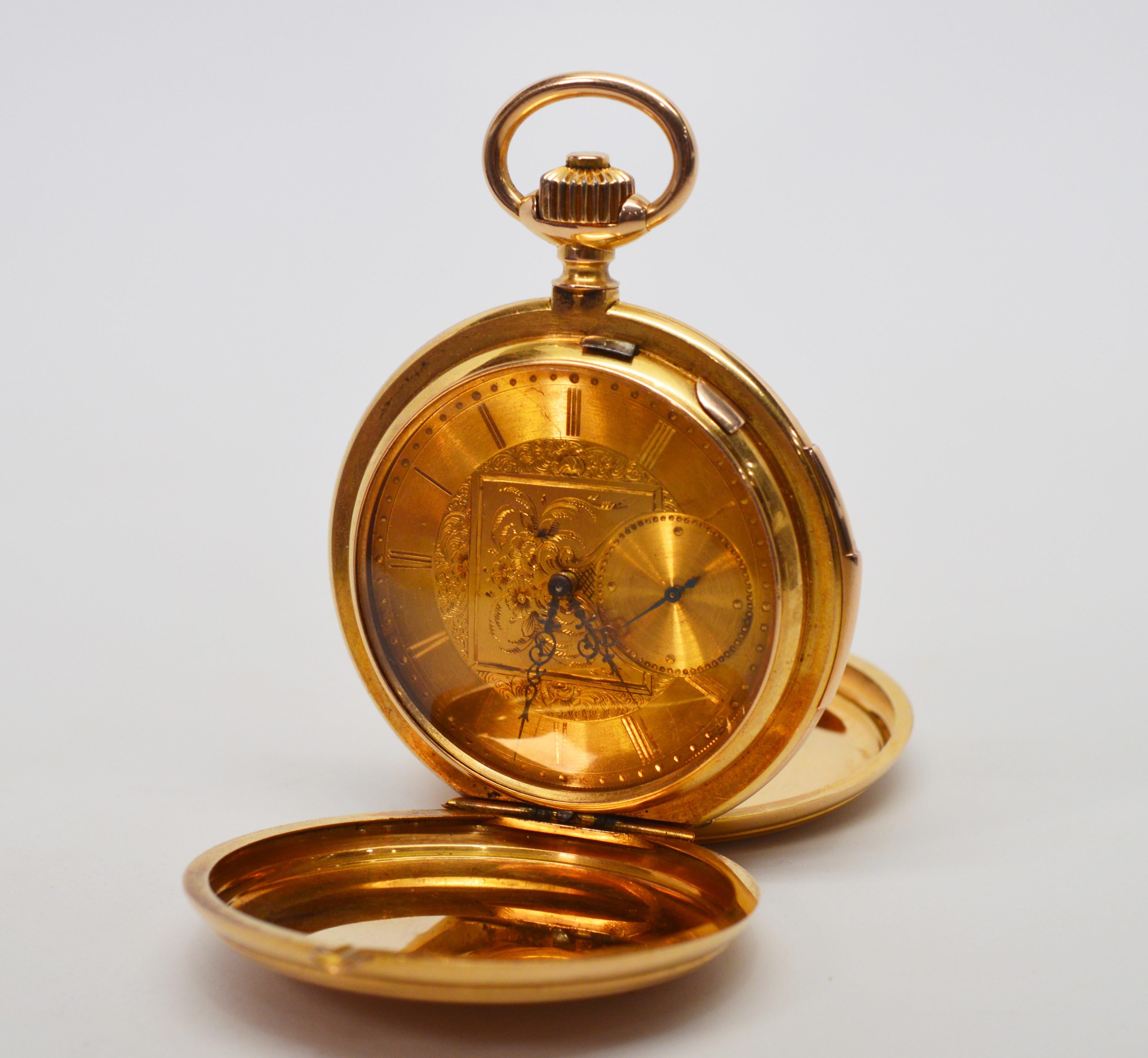 Mint condition eighteen karat yellow gold LeCoultre Quarter Hour Repeater Pocket Watch with display back that allows view of intricate movement in motion. Early Calibre 31, circa 1880-1890. Stem wound, pin set, wolfs tooth winding wheels, 29 jeweled
