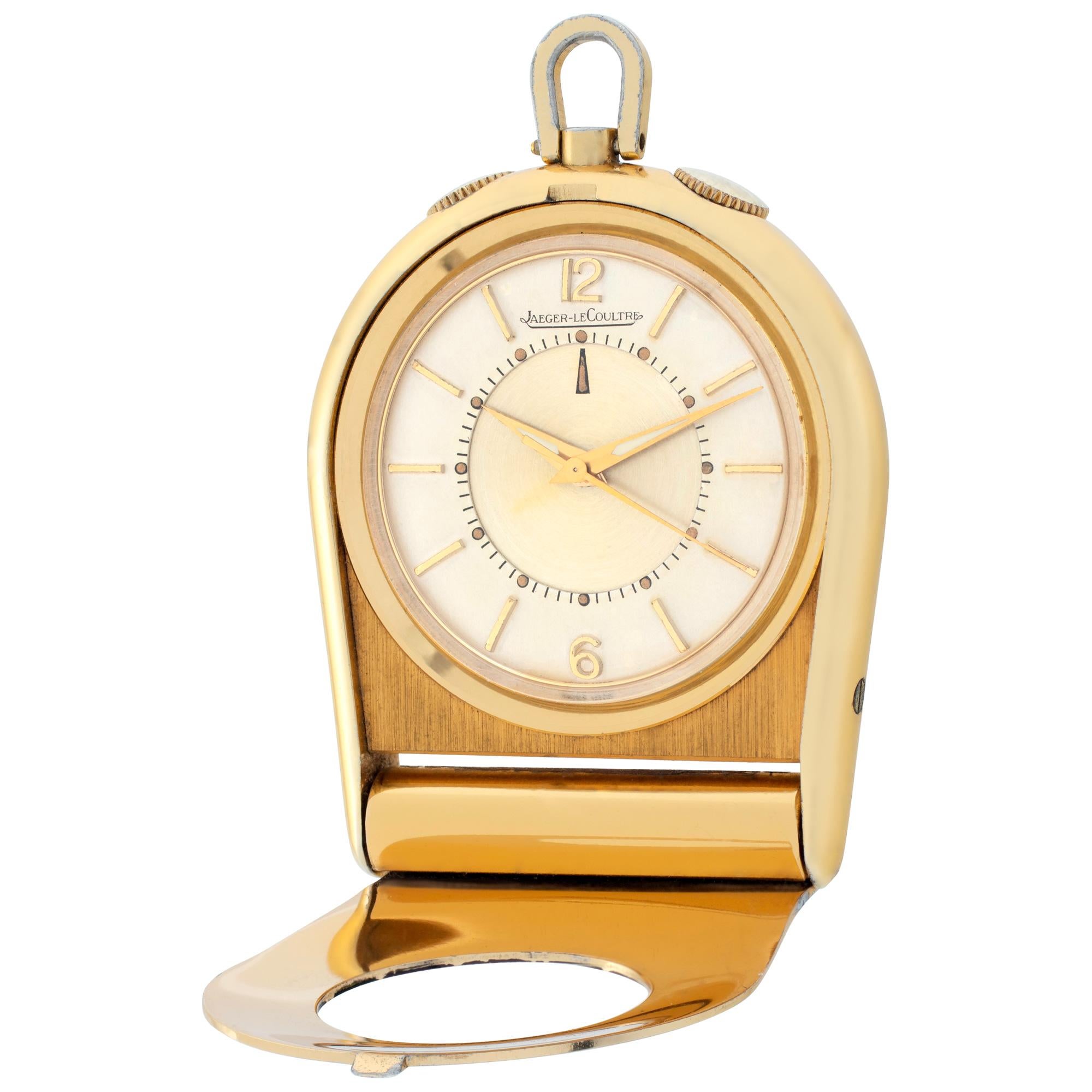 LeCoultre Gold filled Pocket watch. Manual wind with alarm. Lid folds down so you can use it as a desk alarm clock. Fine Pre-owned LeCoultre Watch. Certified preowned Vintage LeCoultre pocket watch watch. This LeCoultre watch has a Round caseback