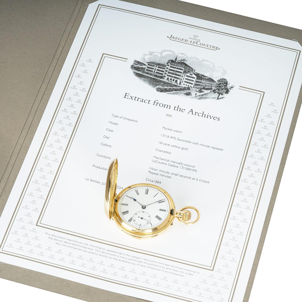 LeCoultre Heavy 18CT Gold Keyless Lever Minute Repeater Full Hunter PocketWatch For Sale 1