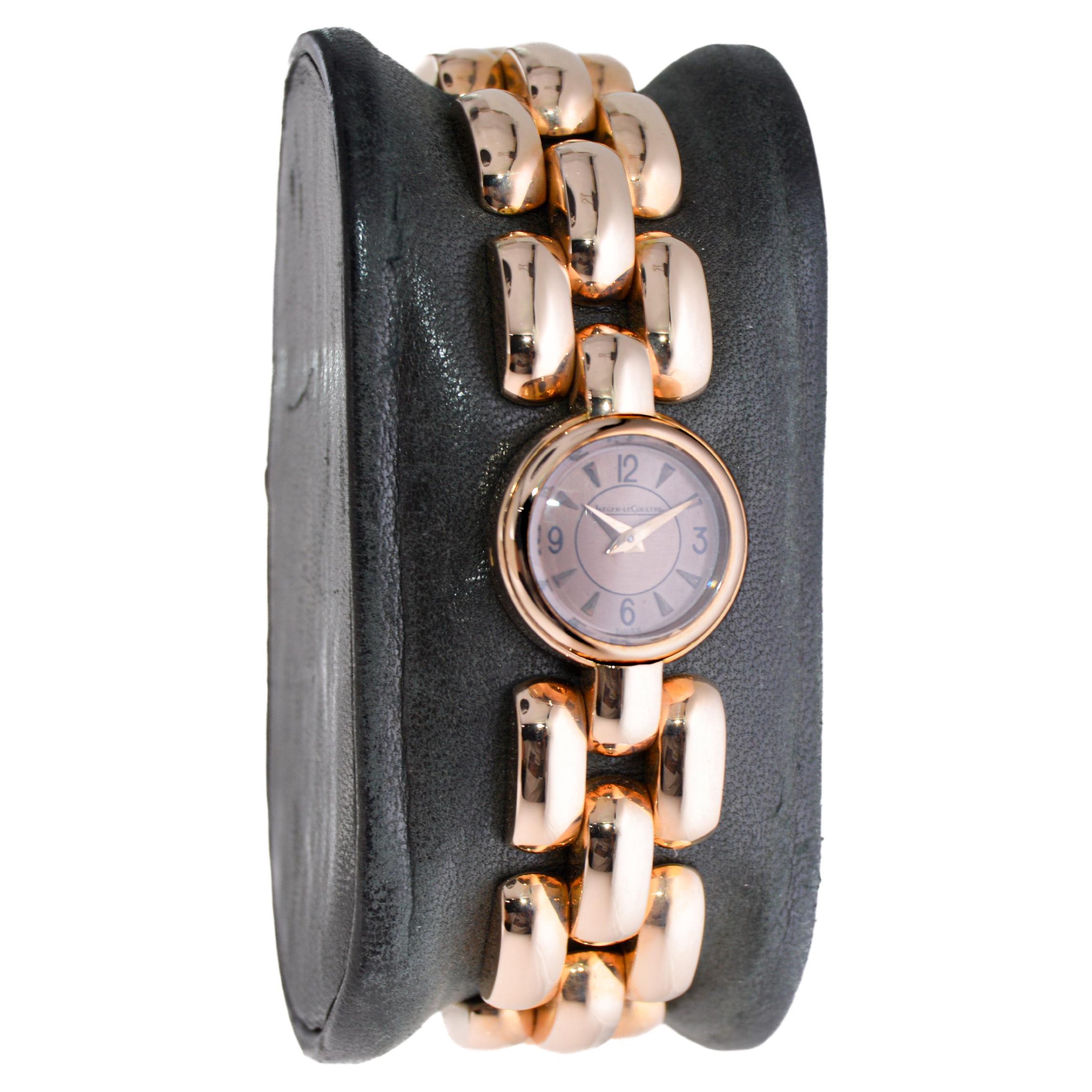 FACTORY / HOUSE: LeCoultre / Bracelet Dress Watch
STYLE / REFERENCE: Art Deco
METAL / MATERIAL: 18 Kt. Rose Gold
CIRCA: 1940's
DIMENSIONS: Length 16mm X Diameter 16mm
MOVEMENT / CALIBER: Manual Back Winding / 17 Jewels
DIAL / HANDS: Original / Rose