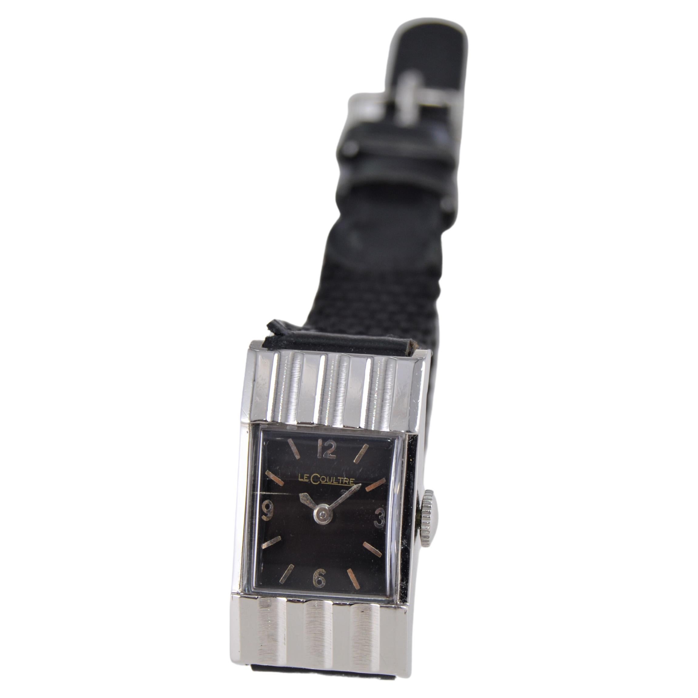 Art Deco LeCoultre Ladies Watch with Rare Black Dial, Mid-Century Modern 1950s Swiss For Sale