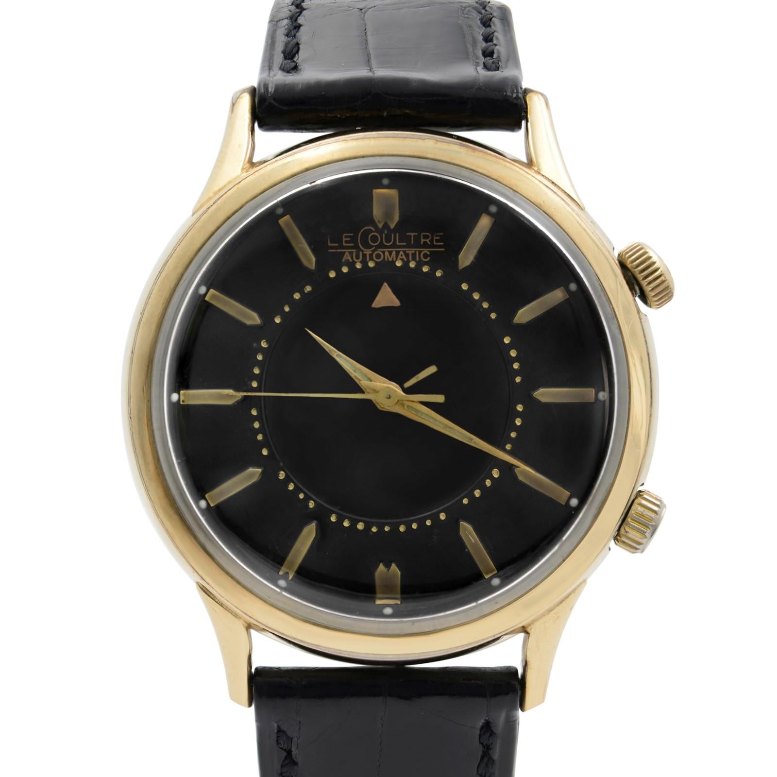 Pre-owned Vintage Jaeger LeCoultre 2265 10k Gold Steel Black Dial Automatic Men's Watch. 10k Gold Filled bezel. Some discoloration on crowns. Aftermarket Band and Buckle. No Original Box and Papers are Included. Chronostore Presentation Box and