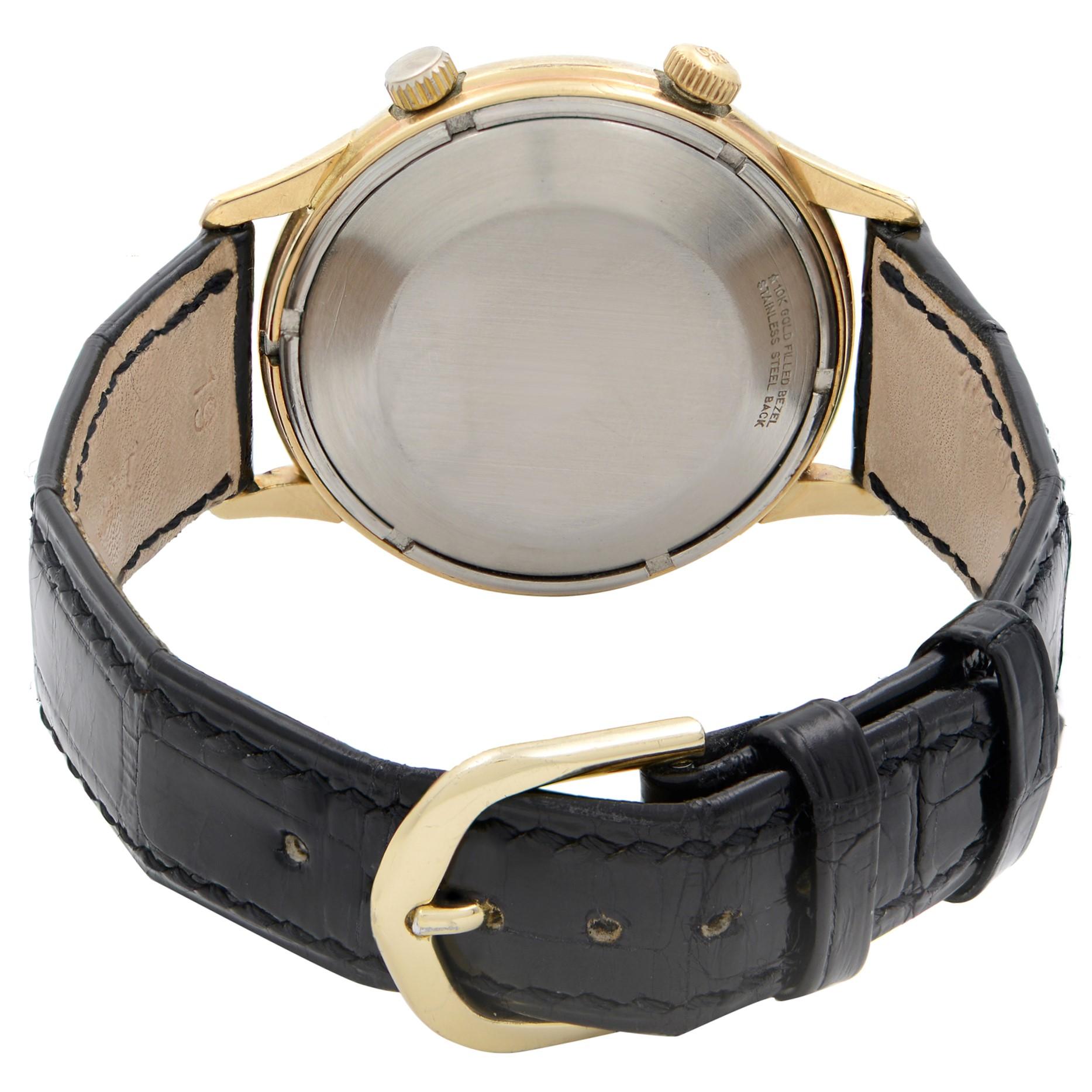 LeCoultre Memovox Alarm 10k Gold Filled Steel Black Dial Men's Watch 2265 In Good Condition In New York, NY