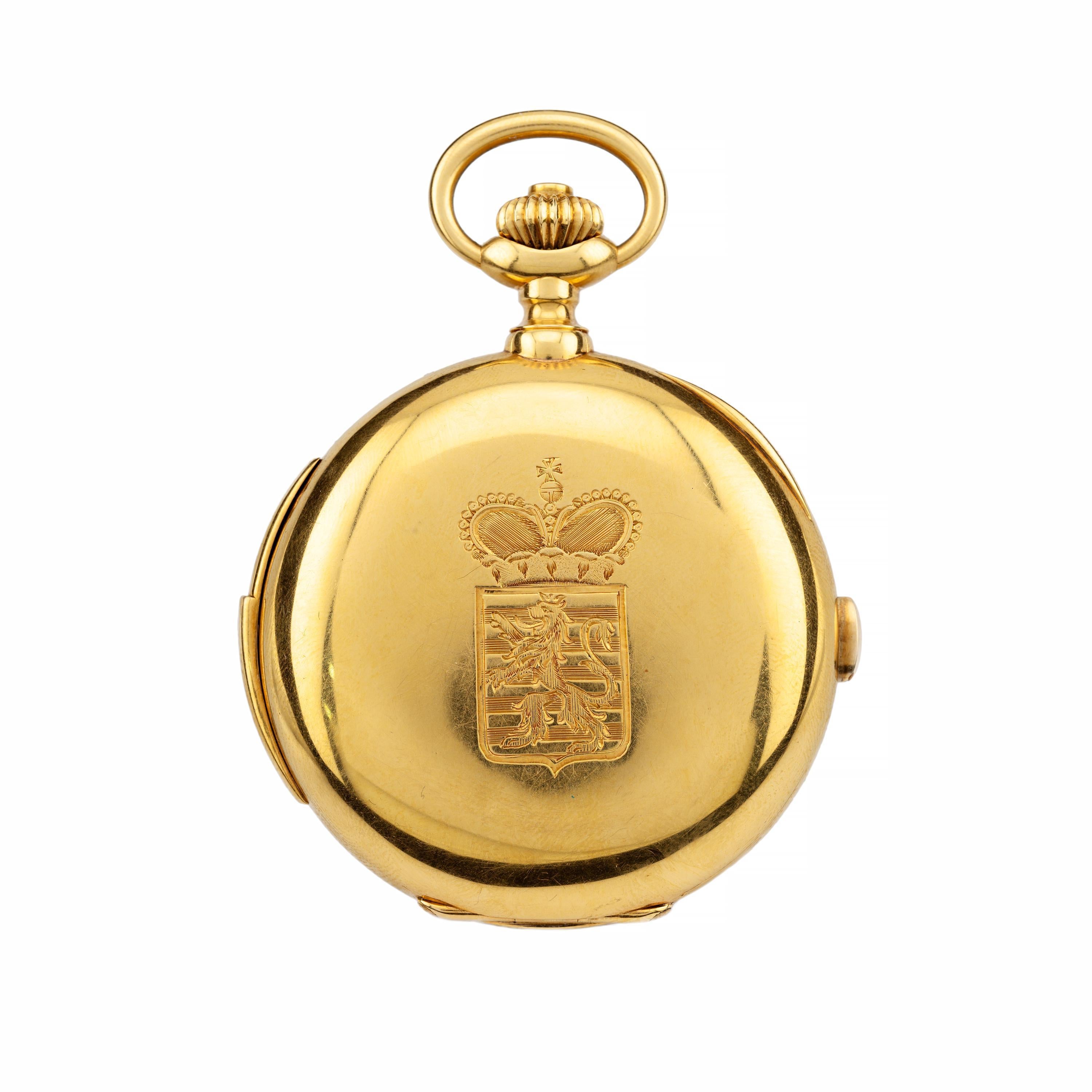 Aston Estate Jewelry présente

Une belle et rare montre de poche chronographe à répétition minute LeCoultre en or 18 carats. Avec un exceptionnel boîtier gravé affichant les versions Grande et Petite des armoiries belges. La version la plus grande