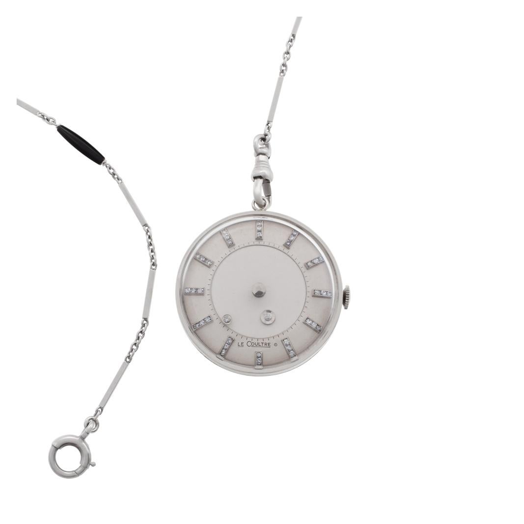 Vacheron & Constantin Mystery pendant-watch in 14k white gold. Cased and timed by LeCoultre. Diamond dial and hanging from a 14k white gold chain. Manual. Ref 727-722-103d. Circa 1955. Fine Pre-owned LeCoultre Watch.

Certified preowned Vintage