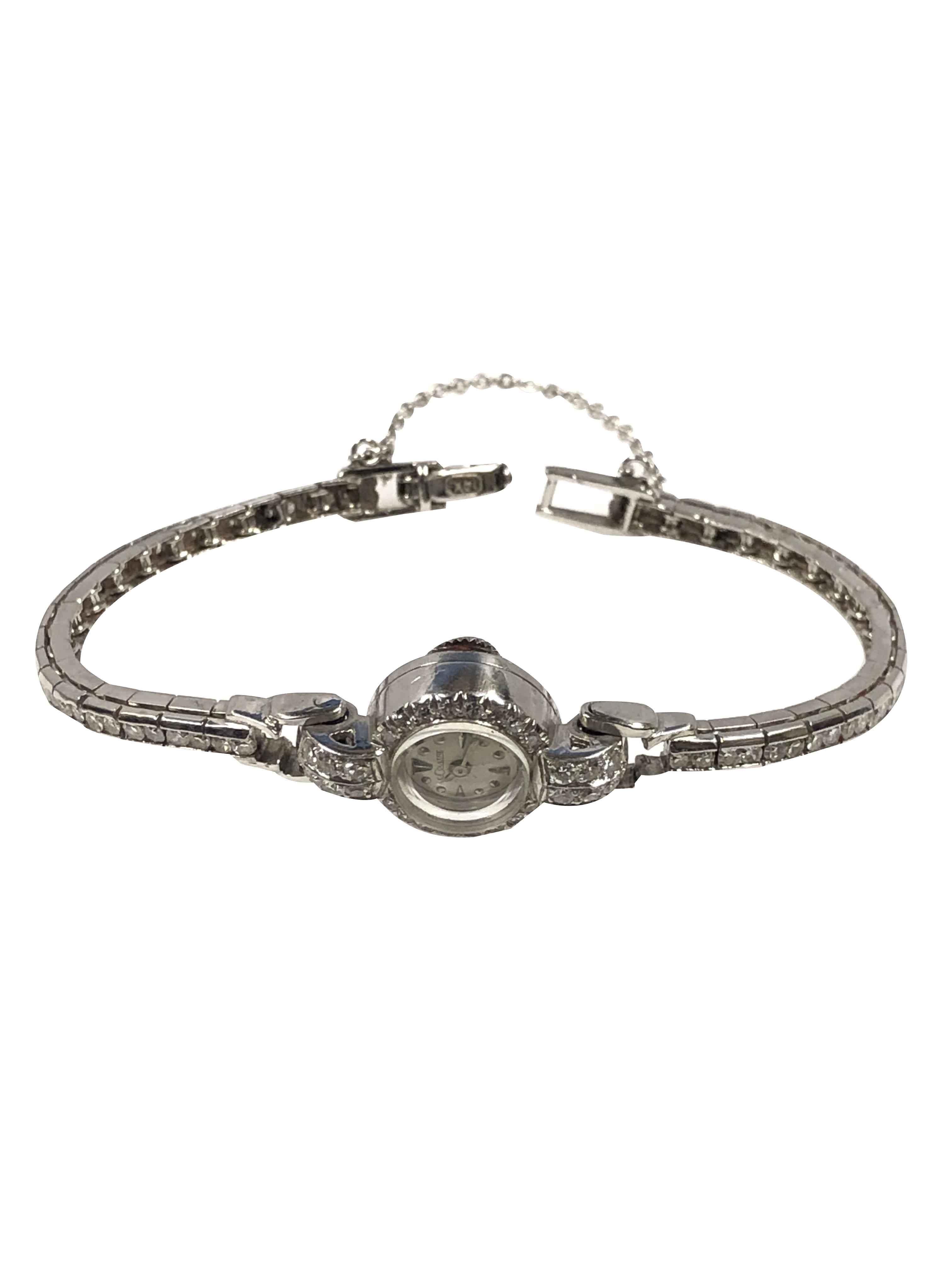 Single Cut LeCoultre Vintage Ladies Platinum Gold and Diamond Mechanical Cocktail Bracelet