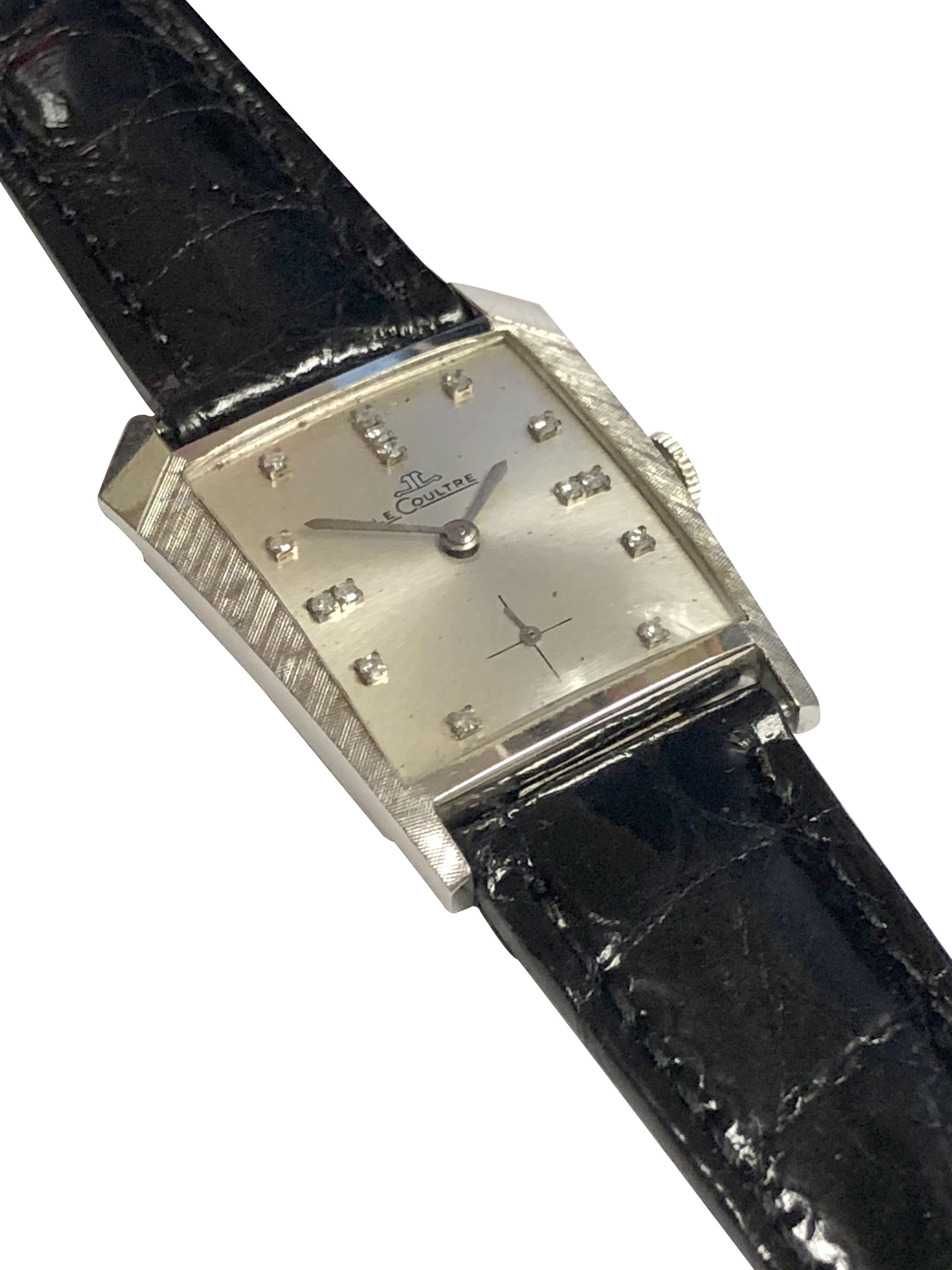 Round Cut LeCoultre White Gold 1960s Asymmetrical Diamond Dial Mechanical Wristwatch