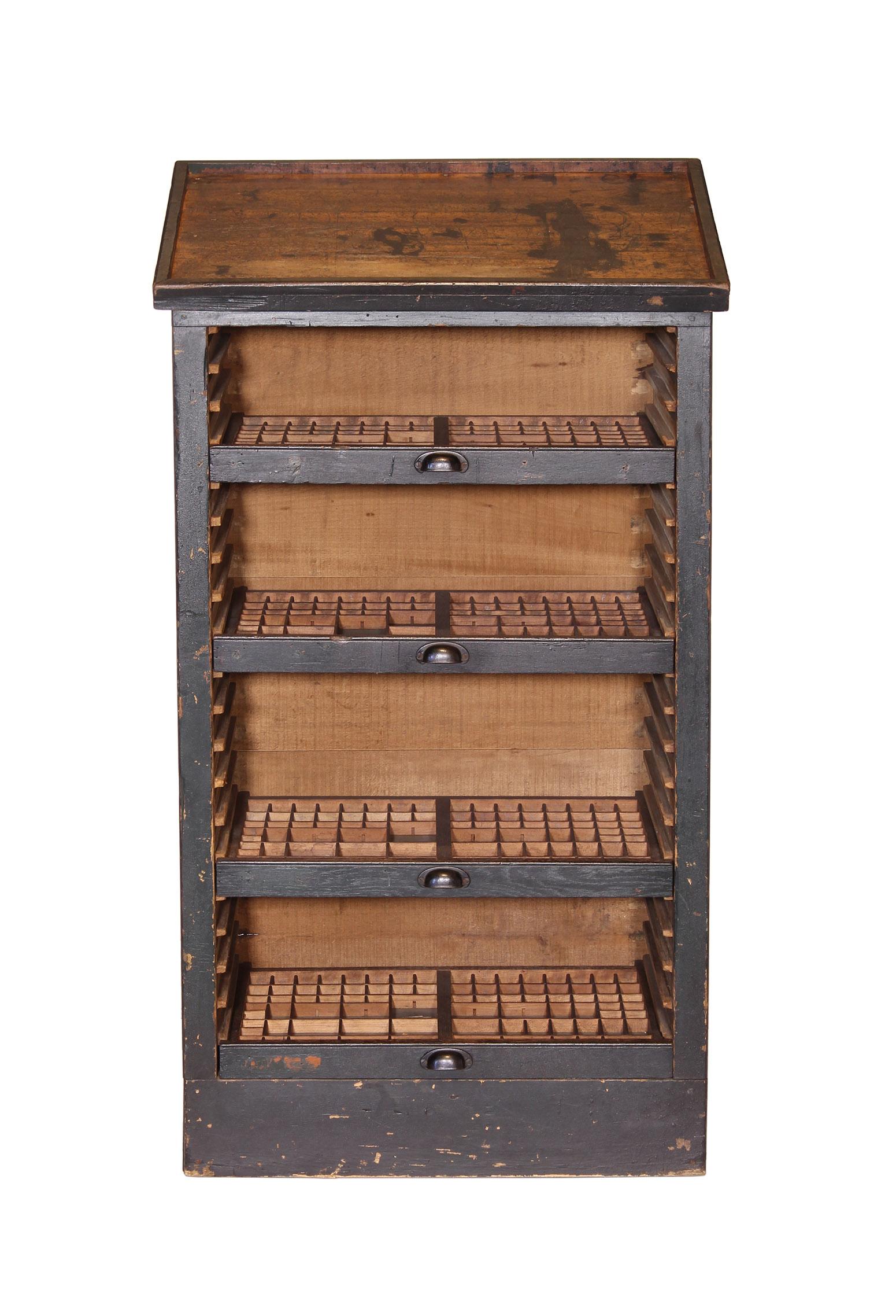 Original printers typeset cabinet, reconfigured to act as Hostess station or lectern. All original condition with normal wear commeserate with age. Additional typeset trays available for this unit. Dimensions: overall width 27.5