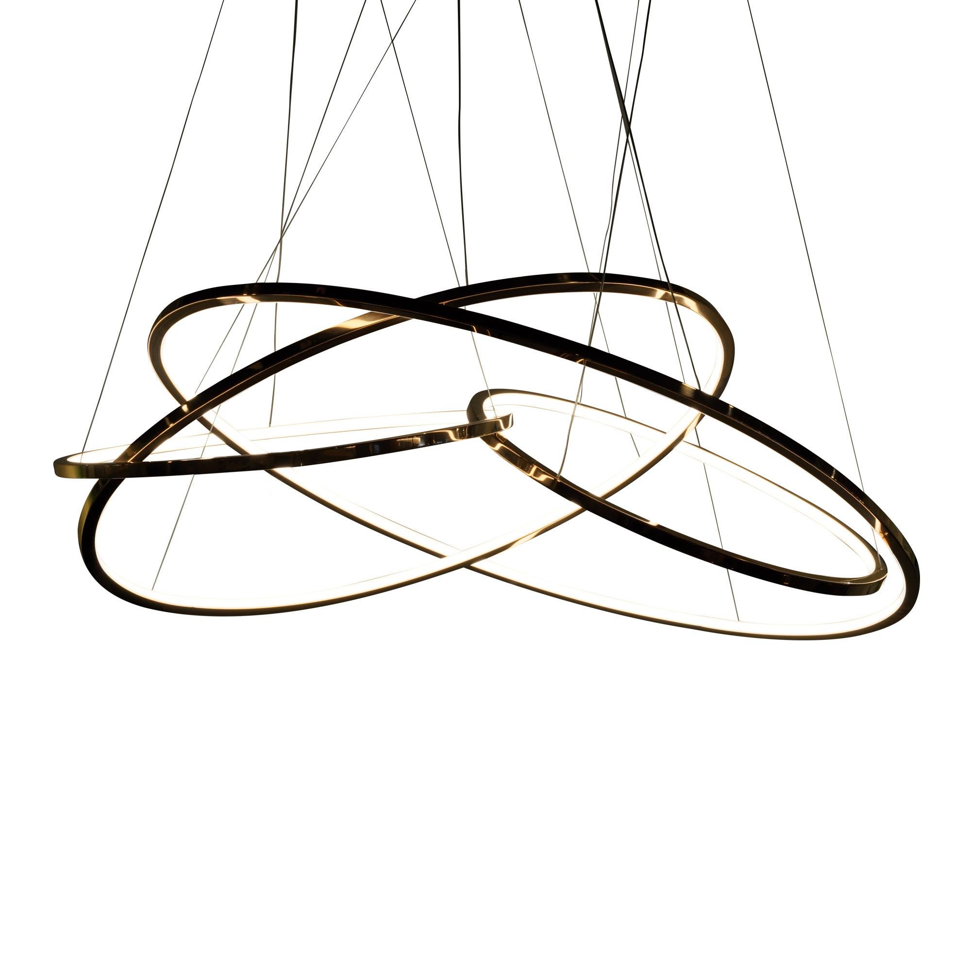 Moderne Lampe à suspension LED ovale contemporaine à quatre anneaux en or en vente