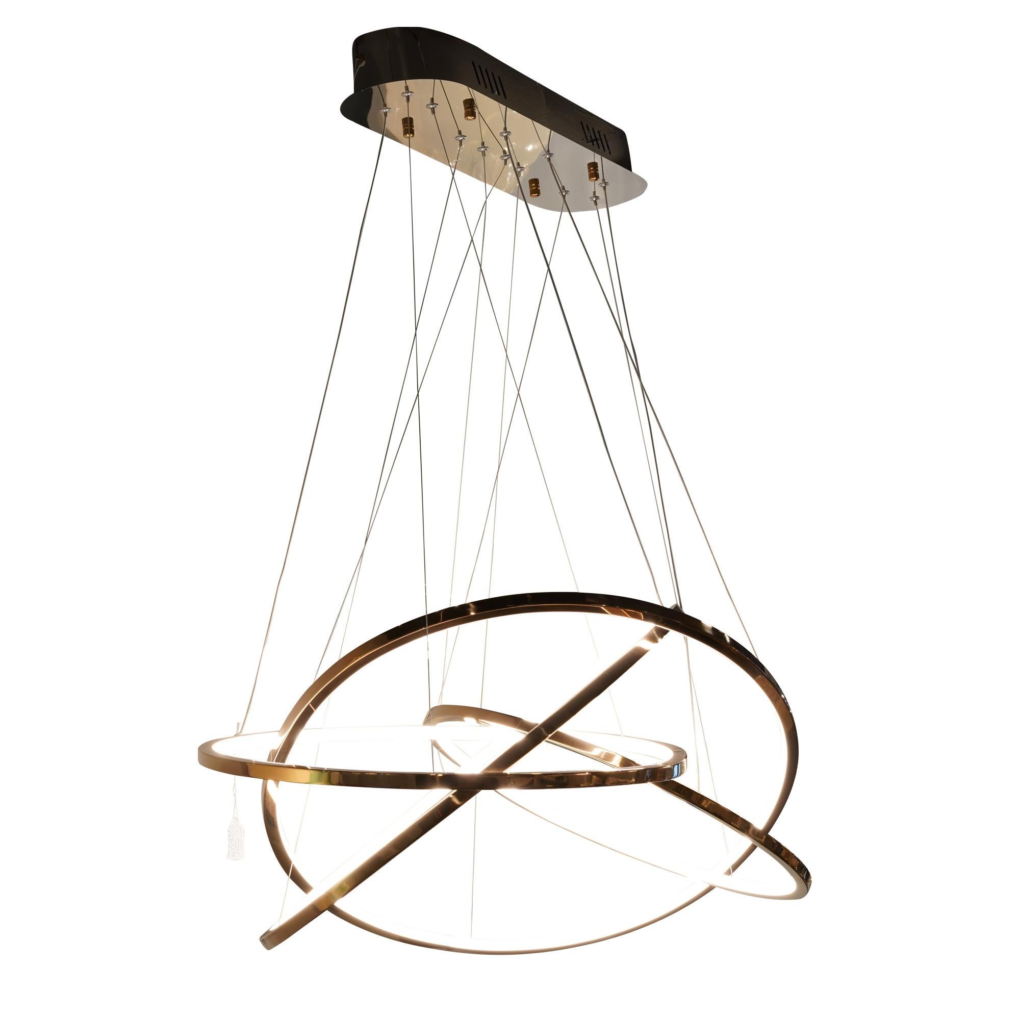 Plaqué Lampe à suspension LED ovale contemporaine à quatre anneaux en or en vente