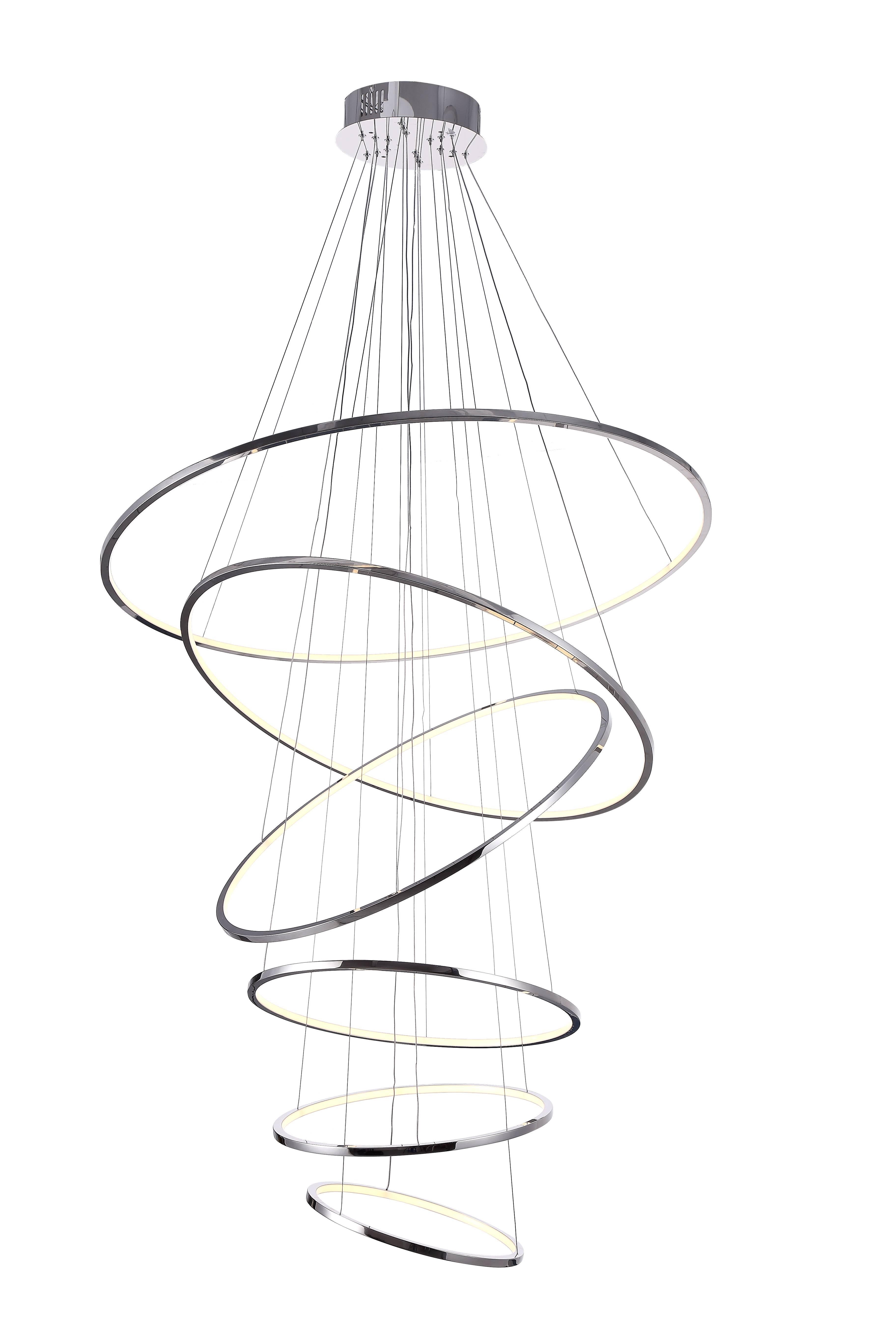 Individual rings with integrated LED stripes grouped together.
The height and tilt of each ring can be adjusted individually.
3000K
110 Lumen / watt

Finishes: 
Rose gold, polished or brushed
Gold, polished or brushed
Champagne gold,