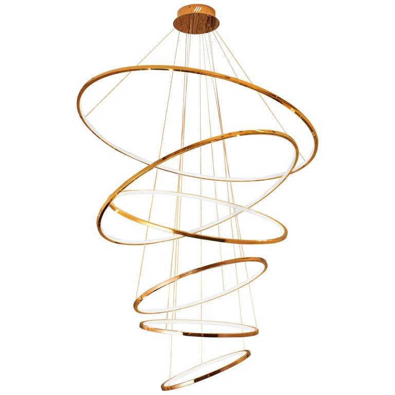 LED Swirl Six Ring Chandelier Pendant Light in Gold Contemporary For Sale