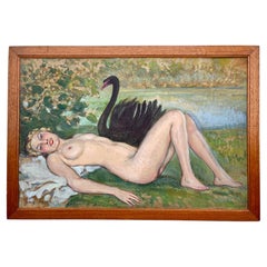 Leda and the Black Swan, Large French Oil on Board, Signed and Dated 1933