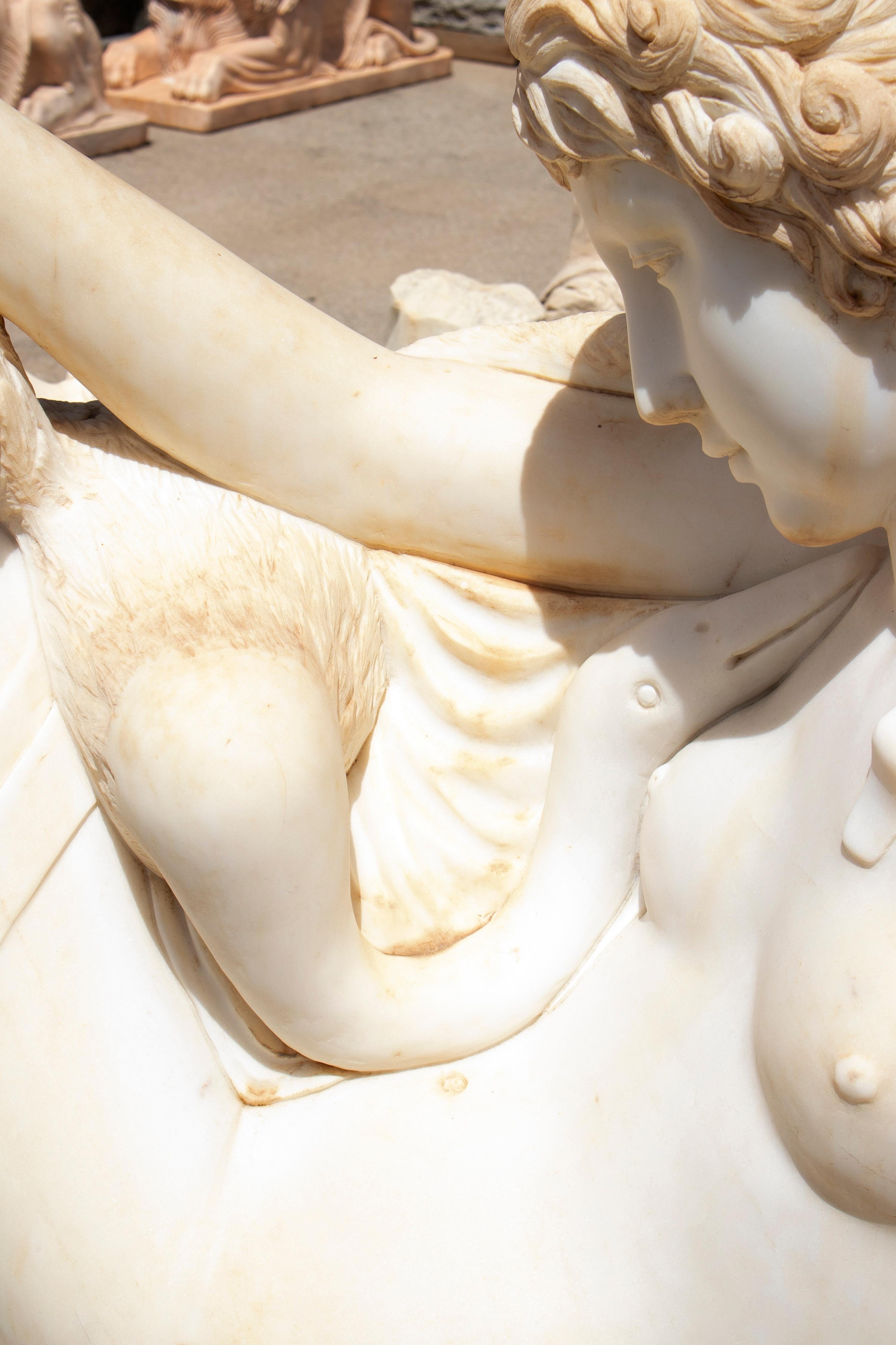 Leda and the Swam Hand Carved Life-Size White Marble Sculptures with Base In Good Condition In Marbella, ES