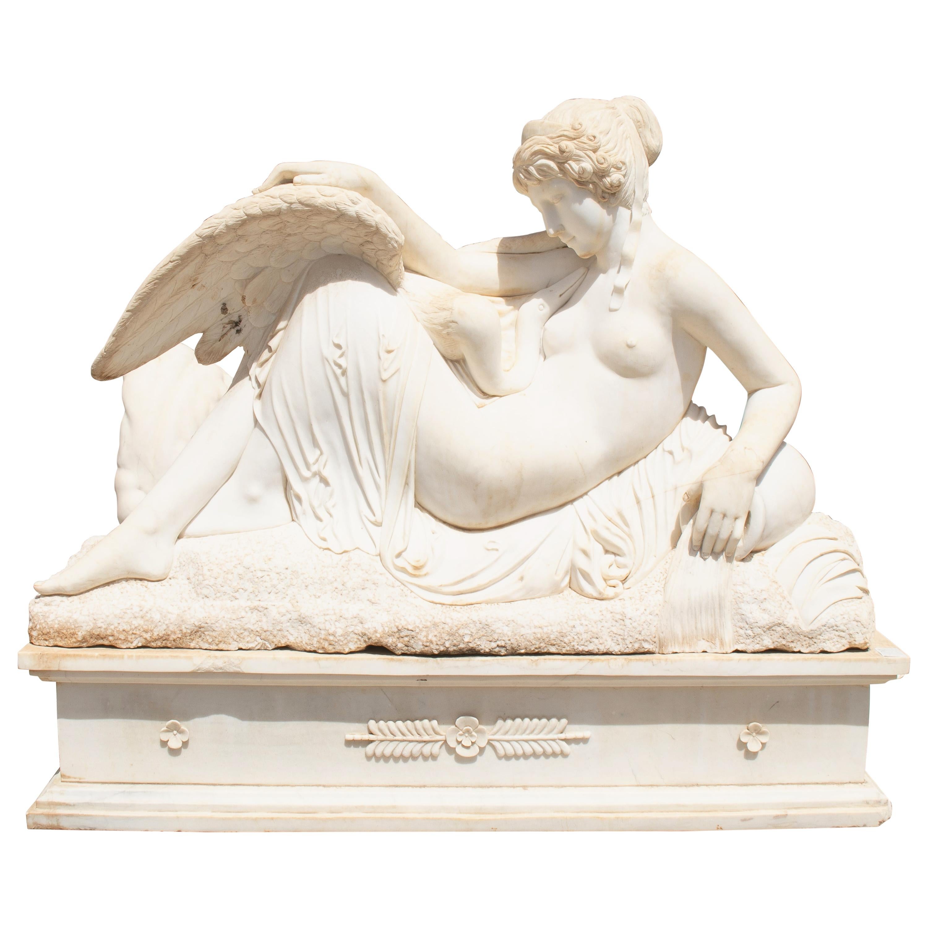 Leda and the Swam Hand Carved Life-Size White Marble Sculptures with Base