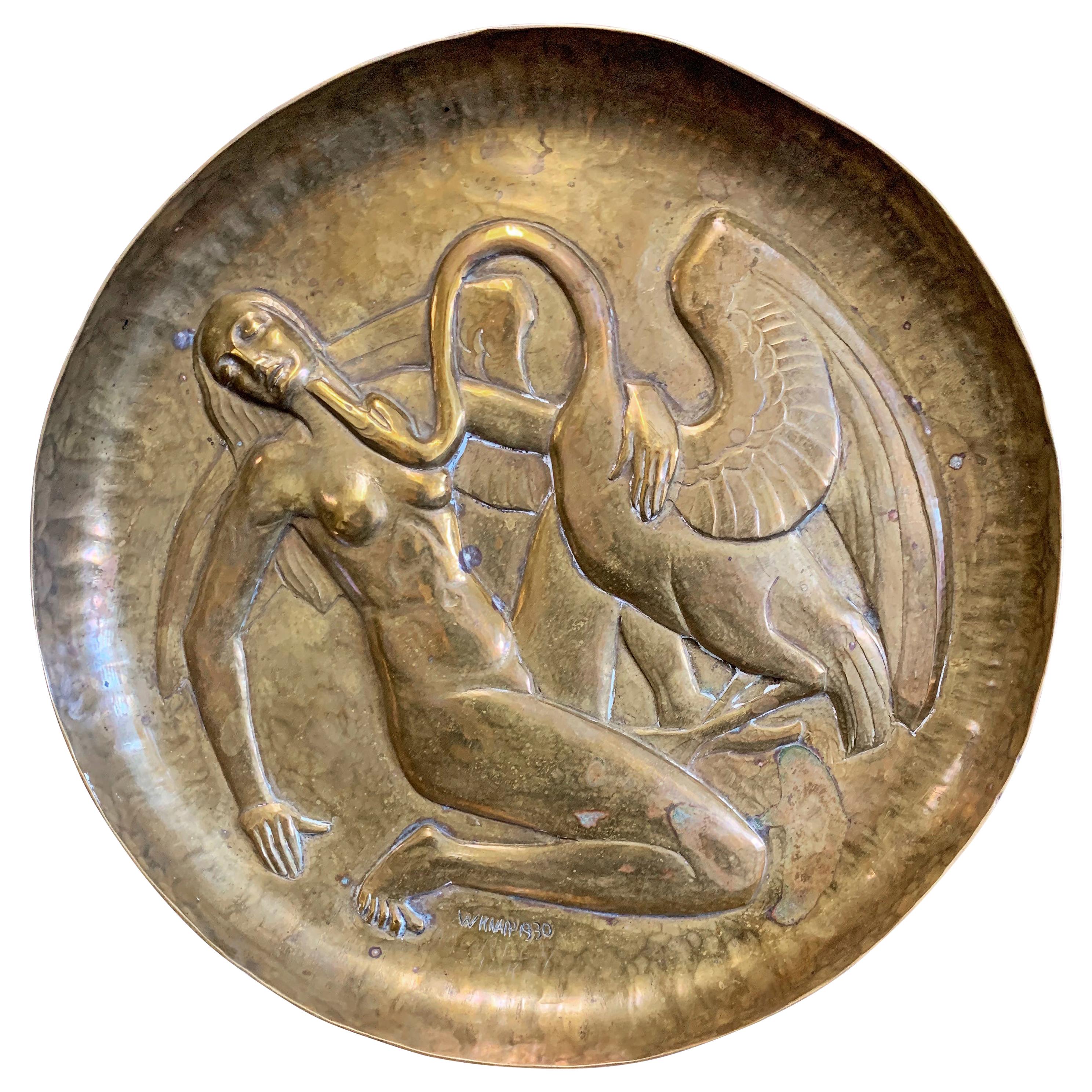 "Leda and the Swan, " Art Deco Bronze Repoussé Masterpiece by Milwaukee Artist