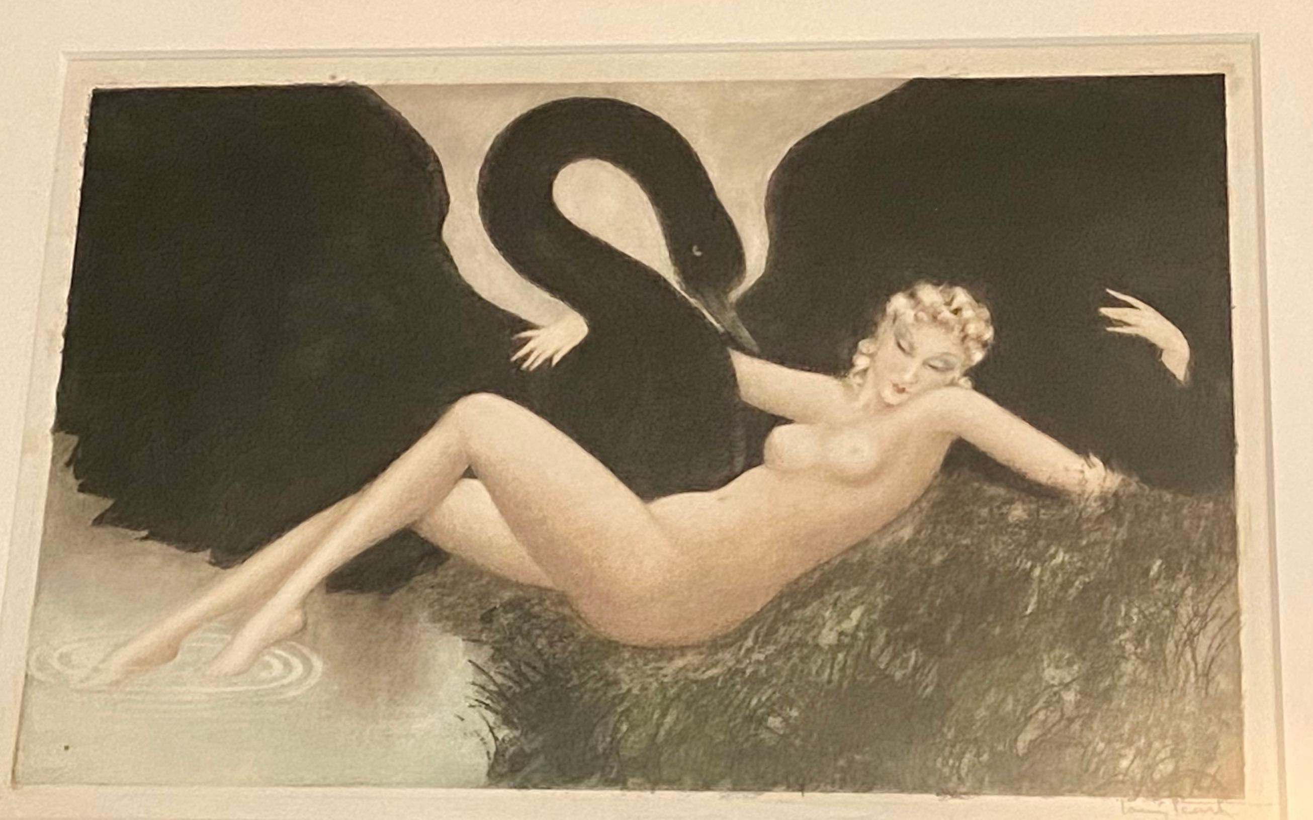 Louis Icart (1888-1950)
Leda and the Sawn, signed etching and hand coloured aquatint, dating to 1934
Measures: 84 x 110 cm overall.
