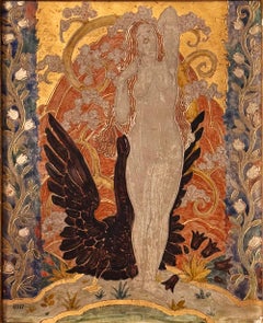 "Leda and the Swan", Incised and Painted Wood Panel, Art Deco, Gold and Black