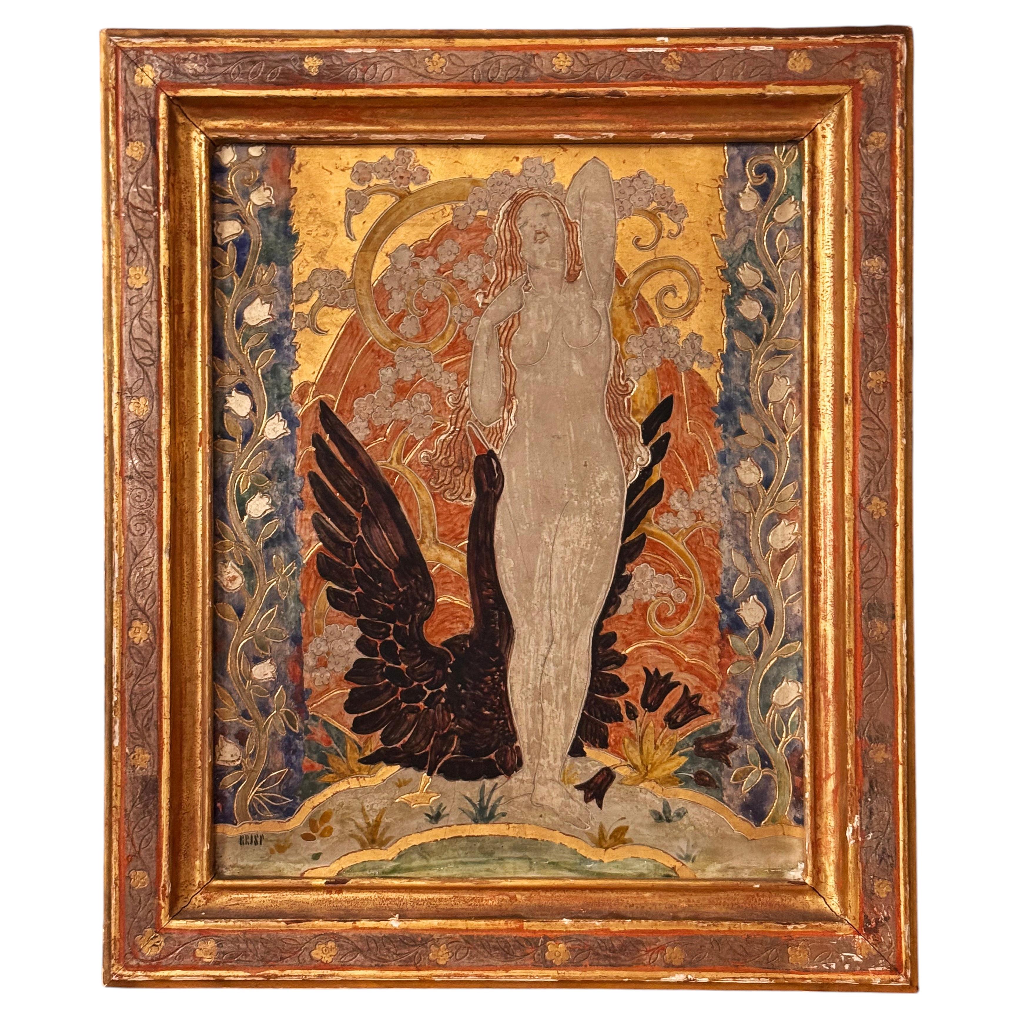 "Leda and the Swan", Incised and Painted Wood Panel, Art Deco, Gold and Black