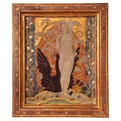 "Leda and the Swan", Incised and Painted Wood Panel, Art Deco, Gold and Black