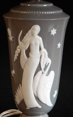"Leda and the Swan, " Spectacular Art Deco Porcelain Lamp by De Vegh for Lenox