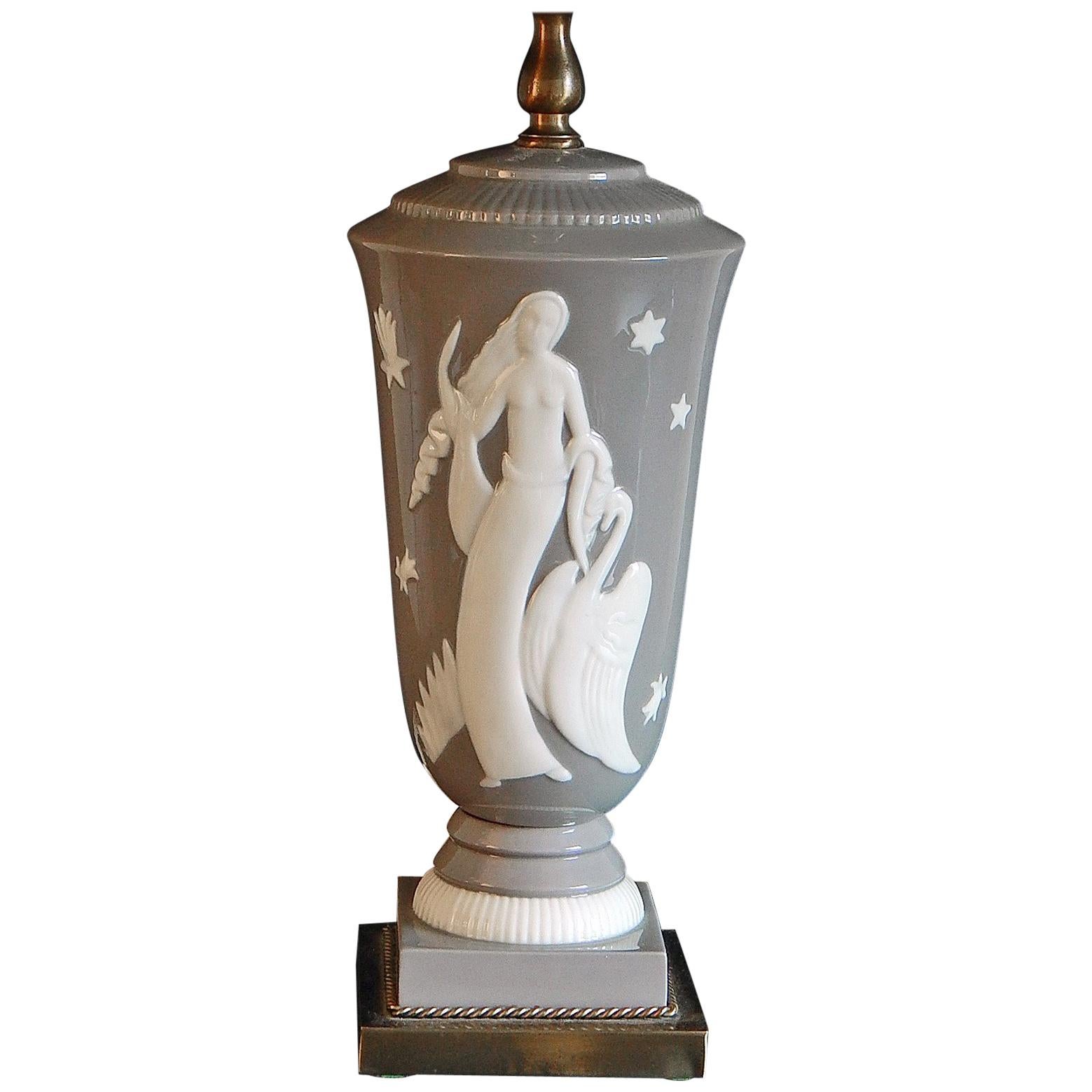 "Leda and the Swan," Spectacular Art Deco Porcelain Lamp by De Vegh for Lenox