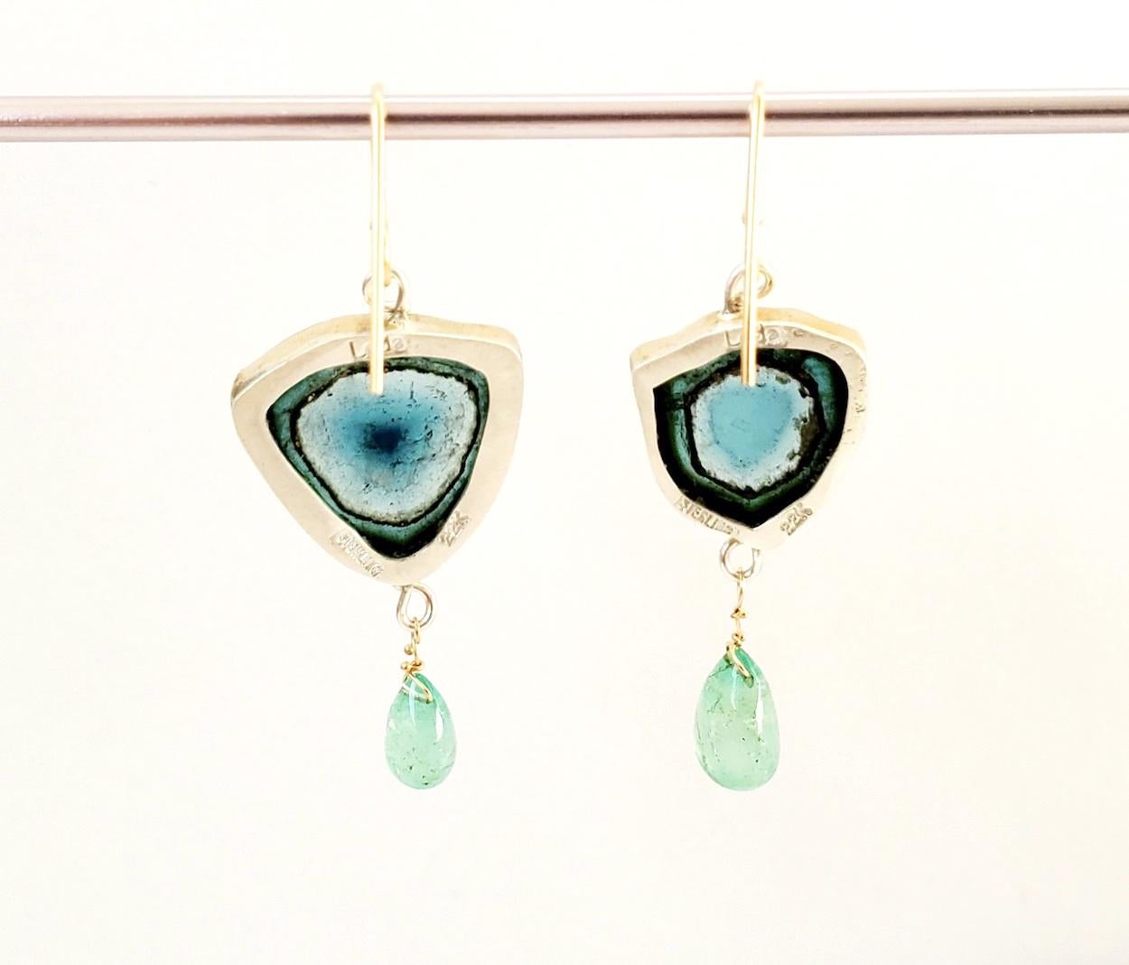 Artisan Leda Jewel Co Blue Tourmaline aka Indicolite Earrings with Emerald Drops For Sale
