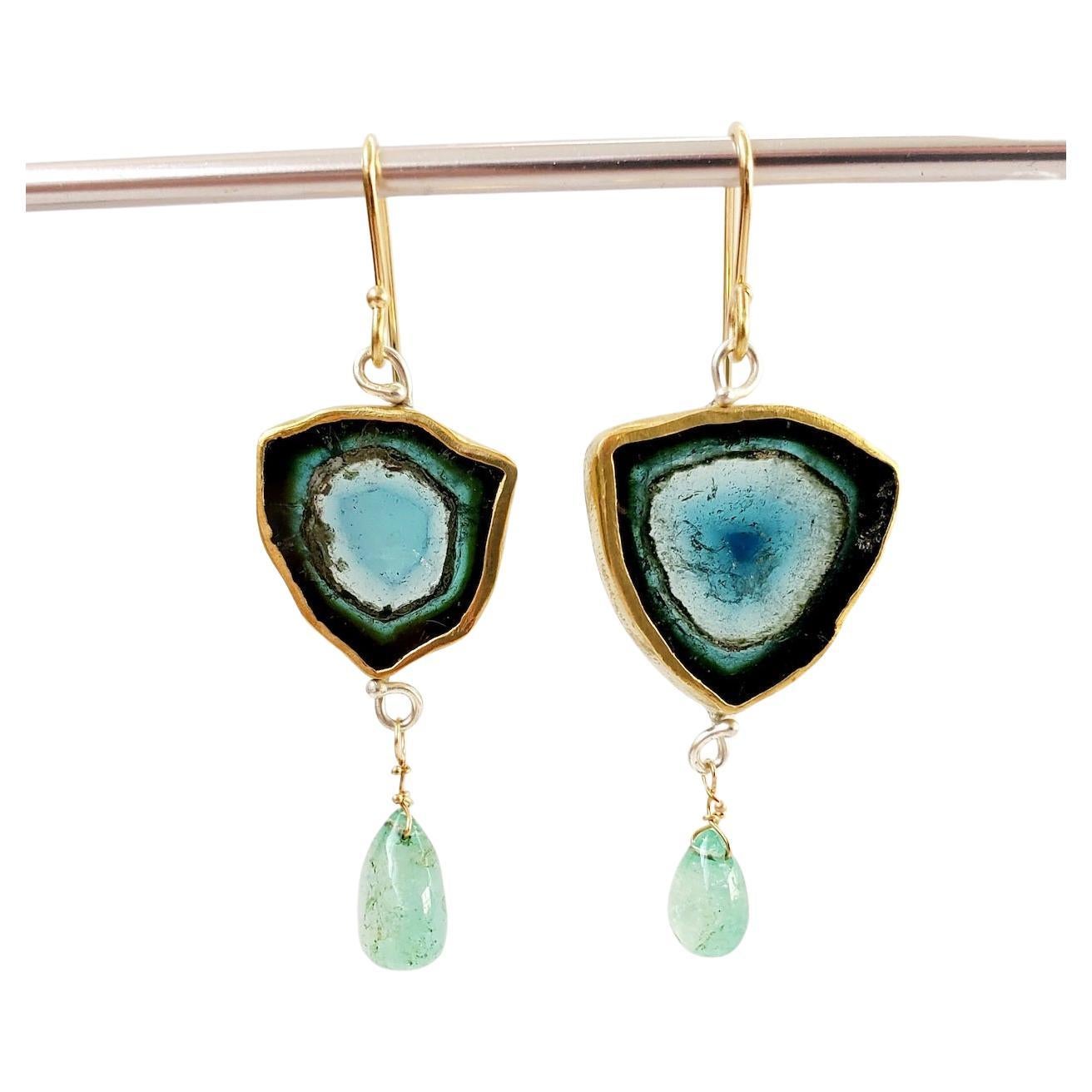 Leda Jewel Co Blue Tourmaline aka Indicolite Earrings with Emerald Drops For Sale