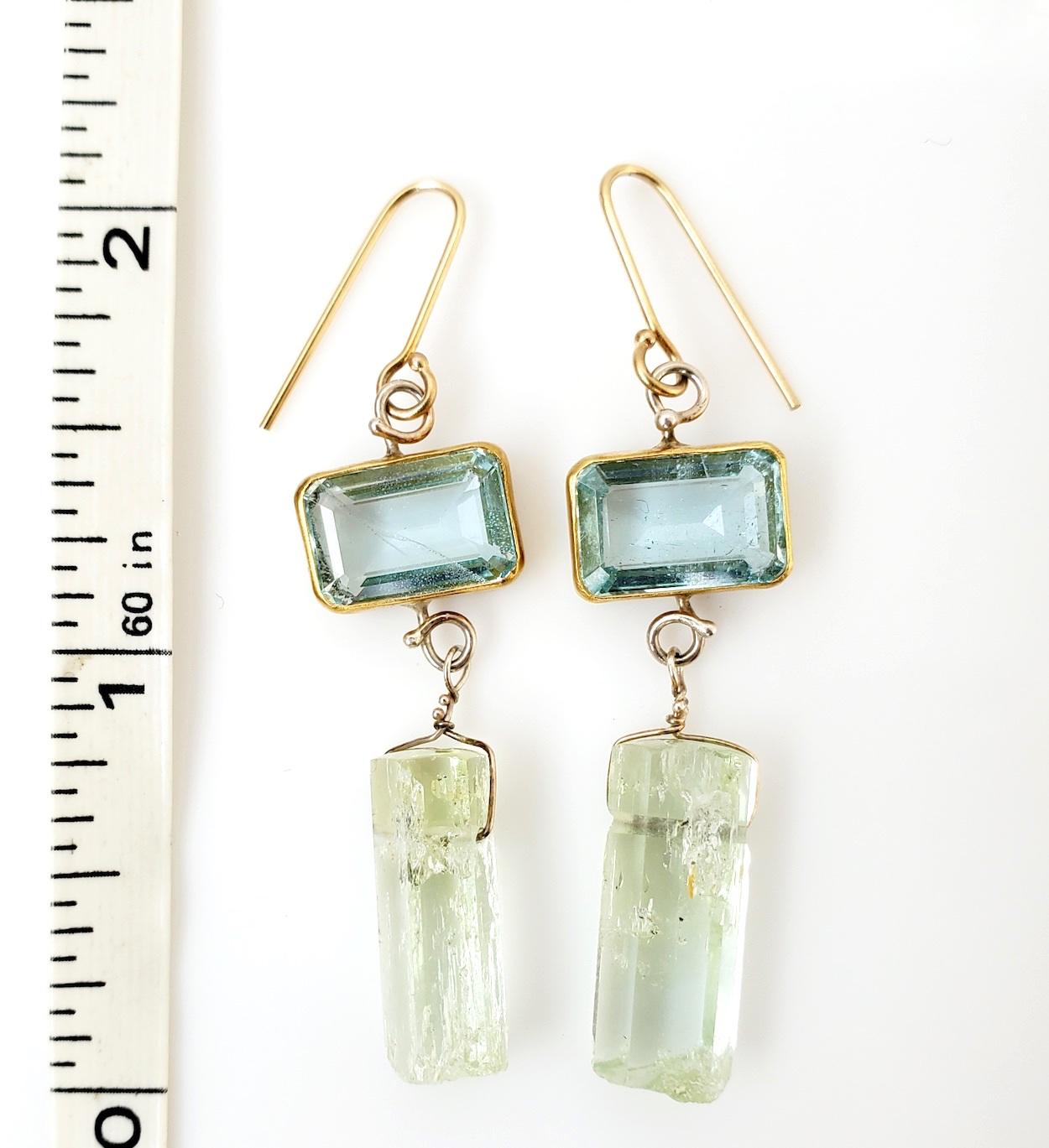 Artisan Leda Jewel Co Emerald Cut Aquamarine Earrings with Polished Beryl Crystal Drops For Sale