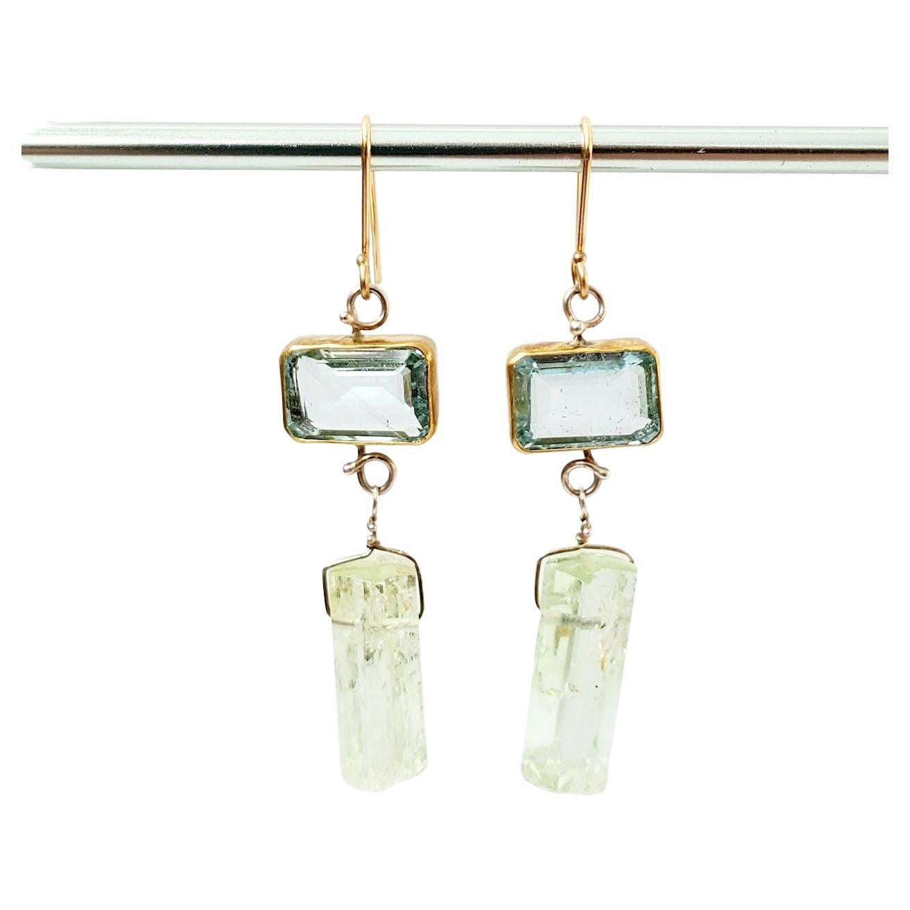 Leda Jewel Co Emerald Cut Aquamarine Earrings with Polished Beryl Crystal Drops For Sale