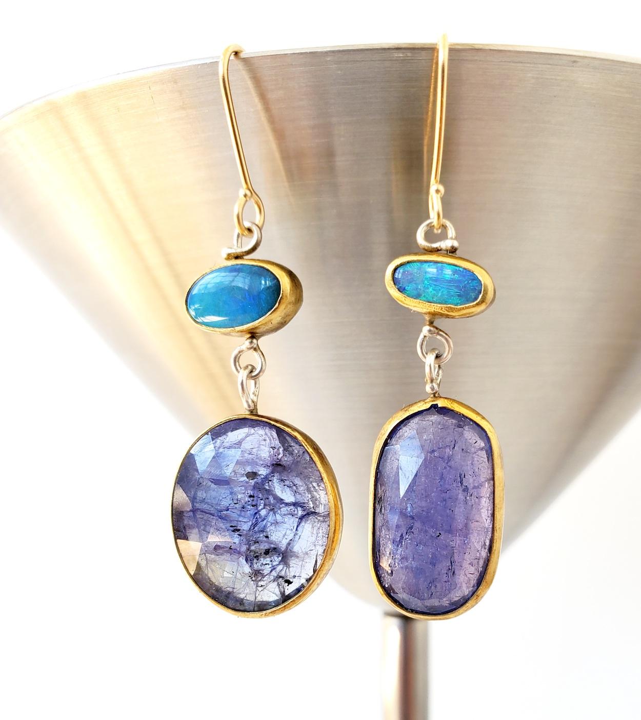 Artisan Leda Jewel Co Lightning Ridge Opal Earrings With Rose Cut Tanzanite Drops For Sale