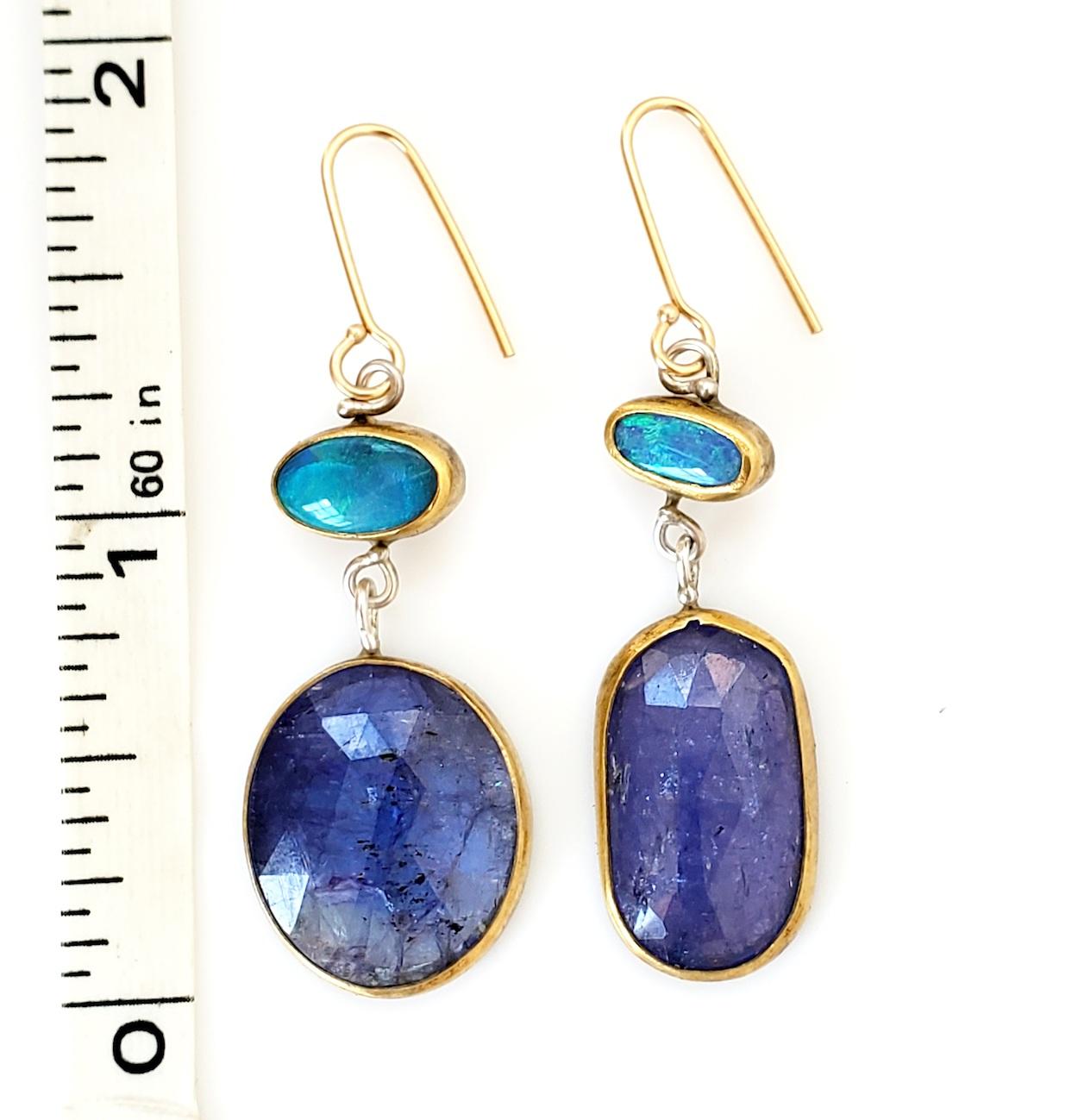Leda Jewel Co Lightning Ridge Opal Earrings With Rose Cut Tanzanite Drops For Sale 1