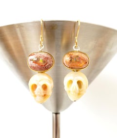 Leda Jewel Co Mexican Cantera Fire Opal & Pearl Skull Memento Mori Earrings