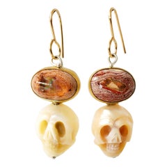 Leda Jewel Co Mexican Cantera Fire Opal & Pearl Skull Memento Mori Earrings