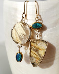 Leda Jewel Co Mismatched Lightning Ridge Opal & Raw Rutilated Quartz Earrings