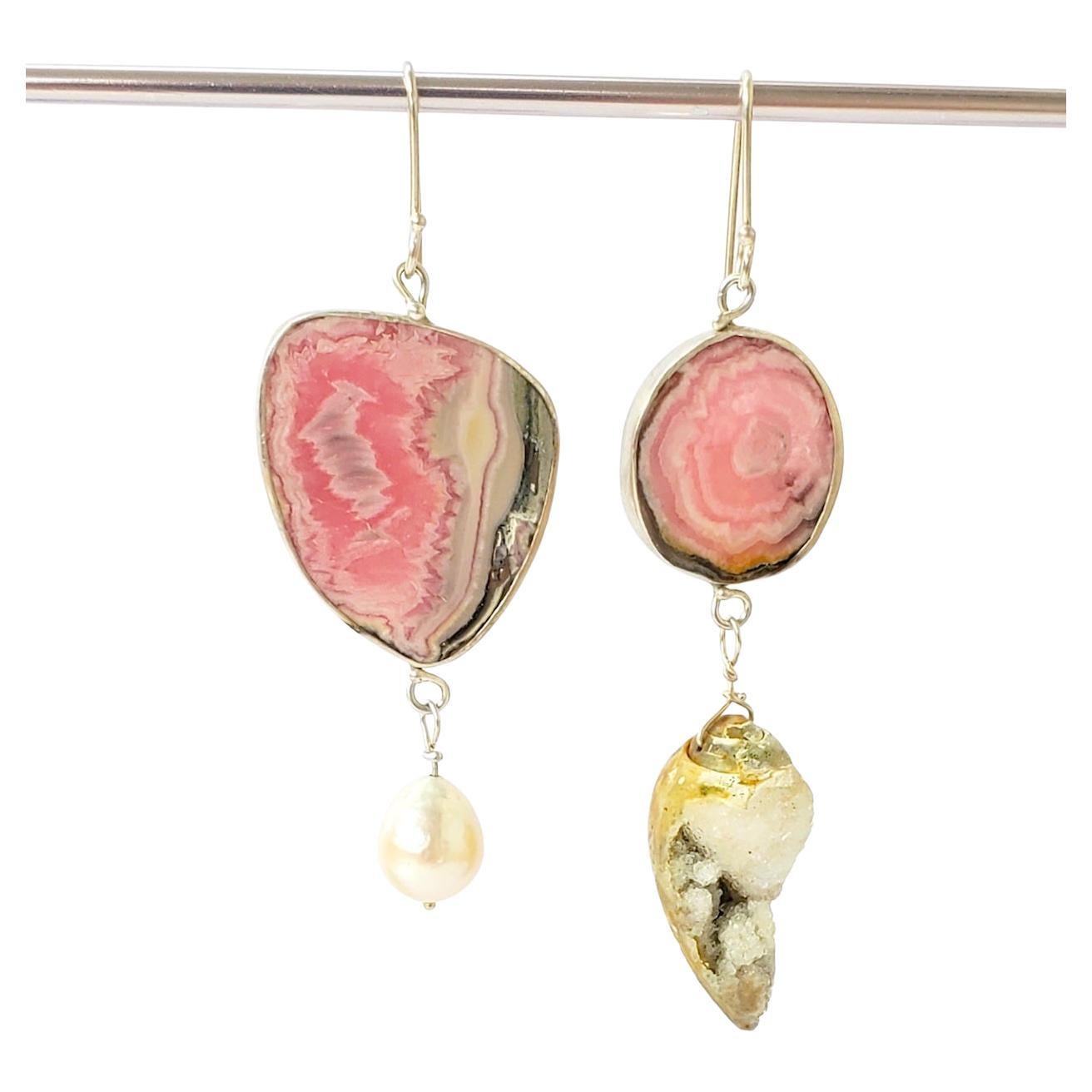 Leda Jewel Co Mismatched Rhodochrosite Seashell Fossil 
Pearl Earrings For Sale