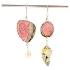 Leda Jewel Co Mismatched Rhodochrosite Seashell Fossil & Pearl Earrings