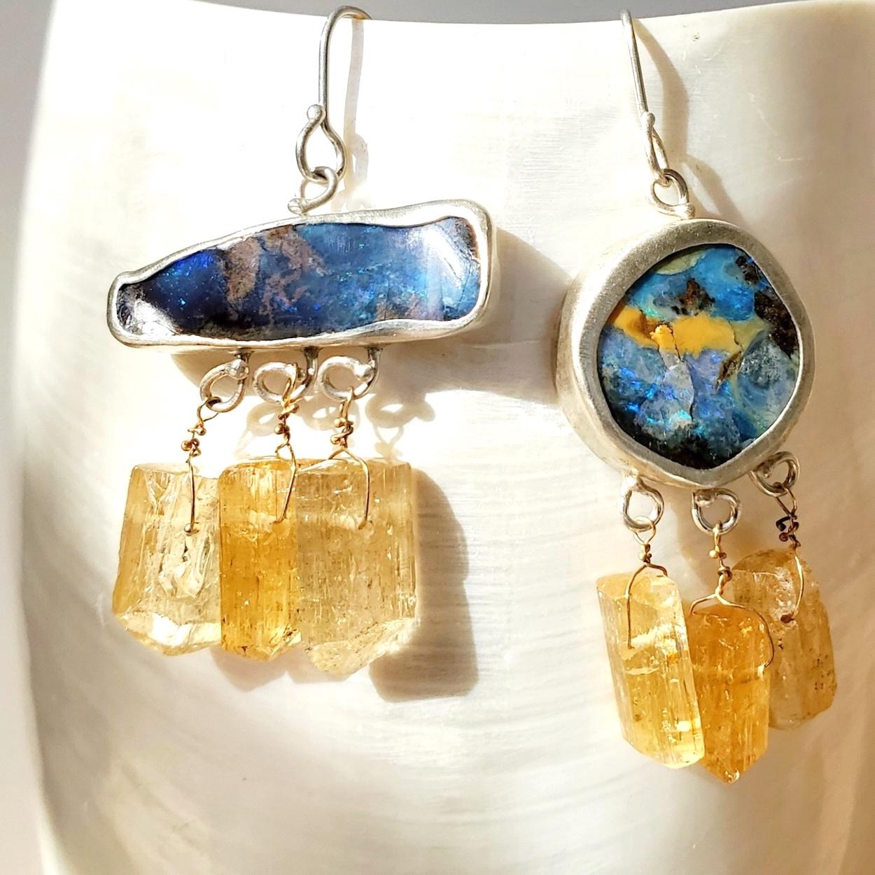 Mismatched Australian boulder opal earrings with a trio of Imperial topaz crystal drops. Natural topaz crystal fringe drops are 