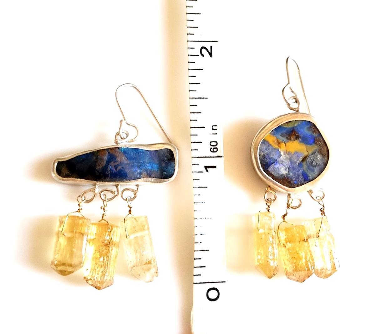 Leda Jewel Co MisMatched Australian Boulder Opal & Imperial Topaz Drop Earrings In New Condition For Sale In Montreal, Quebec