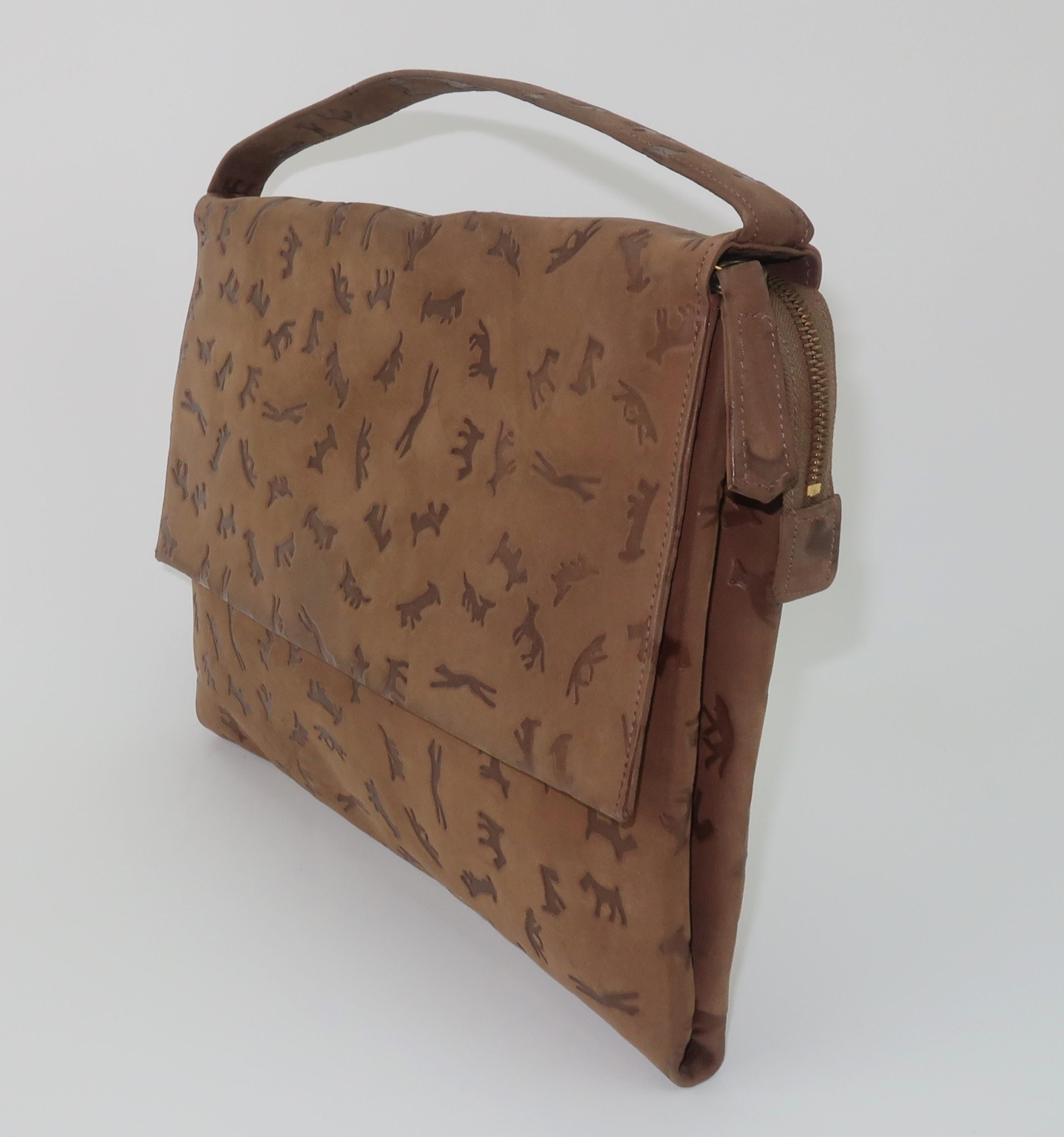 Lederer Brown Suede Leather Handbag With Dog Motif, 1960's In Fair Condition In Atlanta, GA