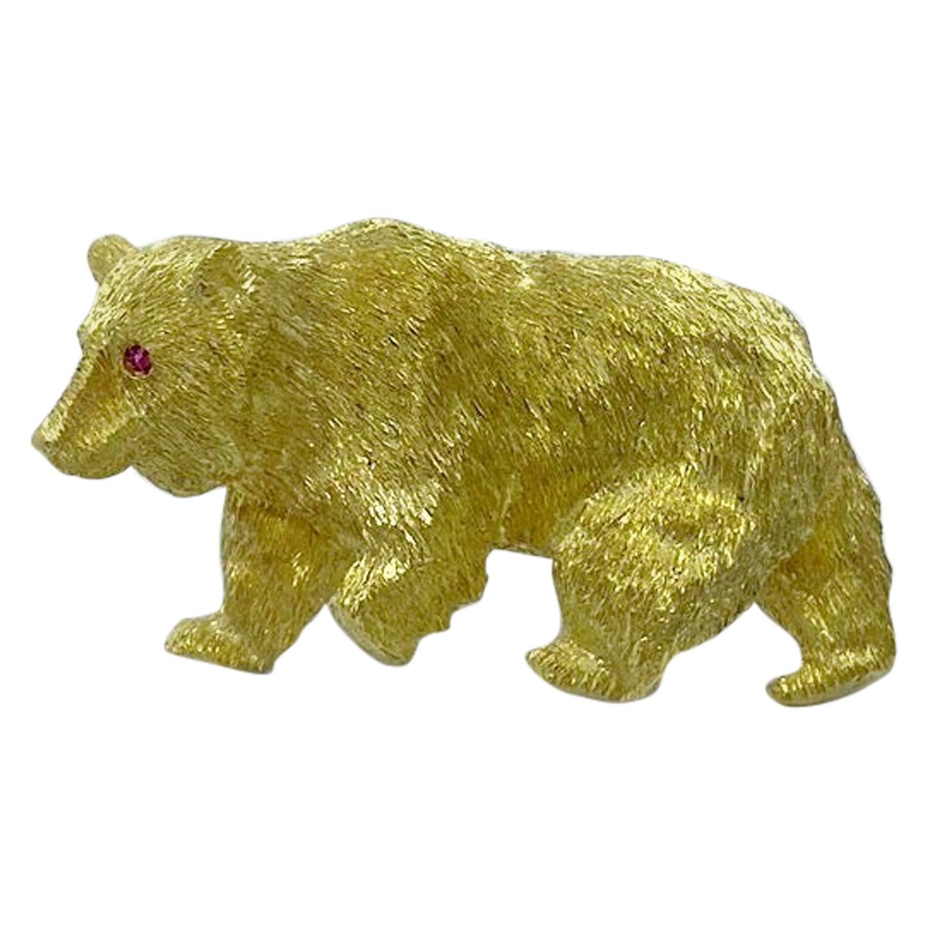 Lederman 18 Karat Yellow Gold Bear Brooch with Ruby Eyes For Sale