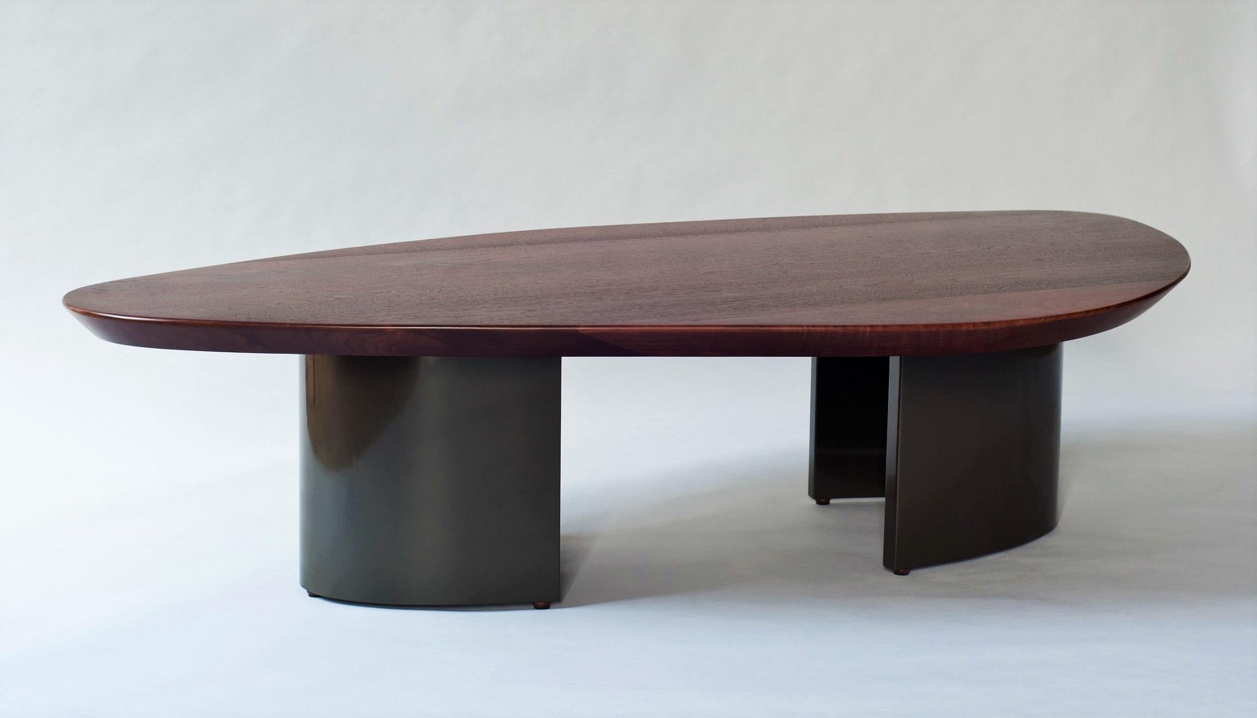 Mid-Century Modern Ledge Coffee Table by DeMuro Das in Solid Walnut with Olive Grey Lacquered Base