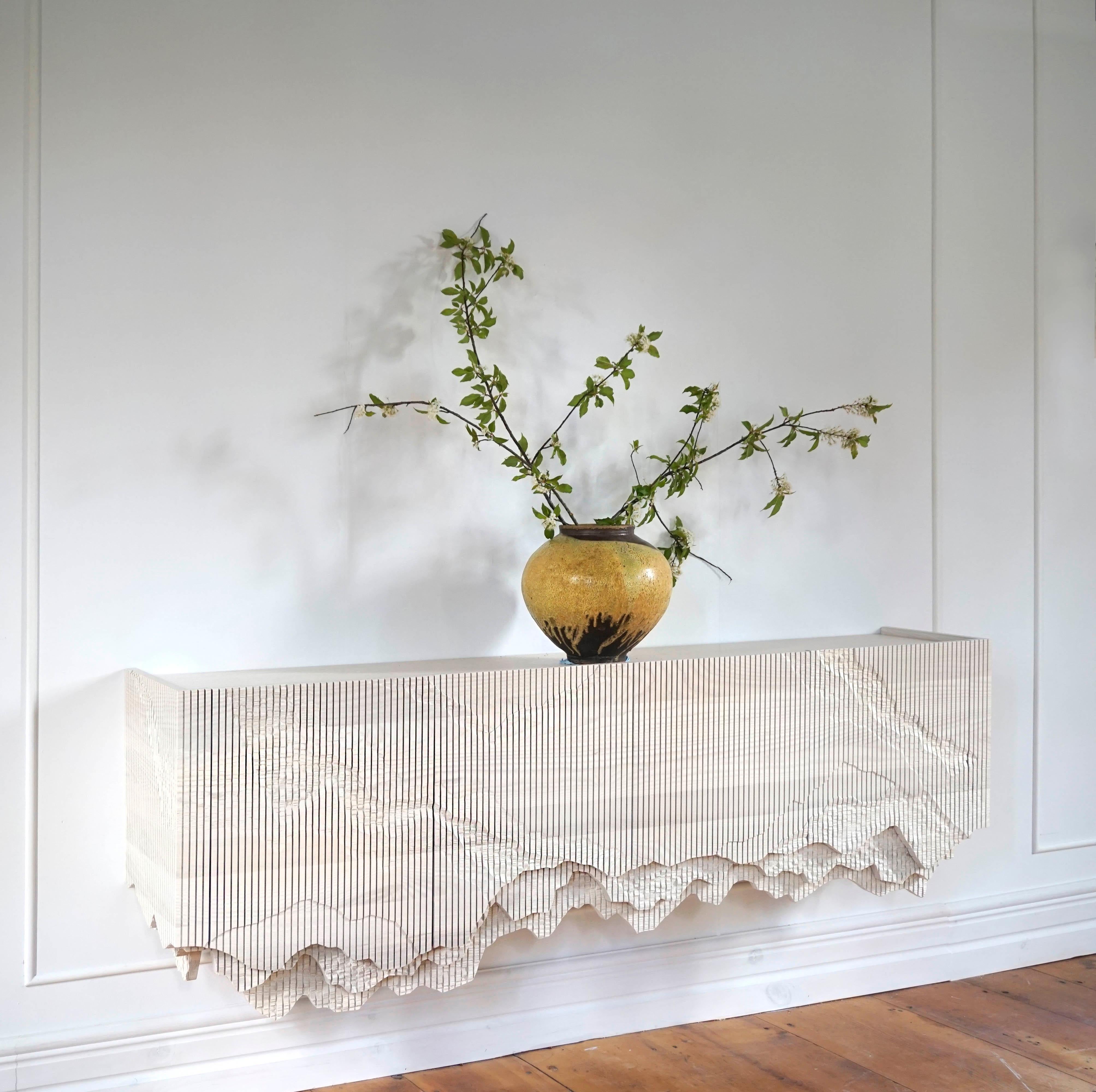 Hand-Carved Ledge Floating Console in Bone White by Simon Johns For Sale