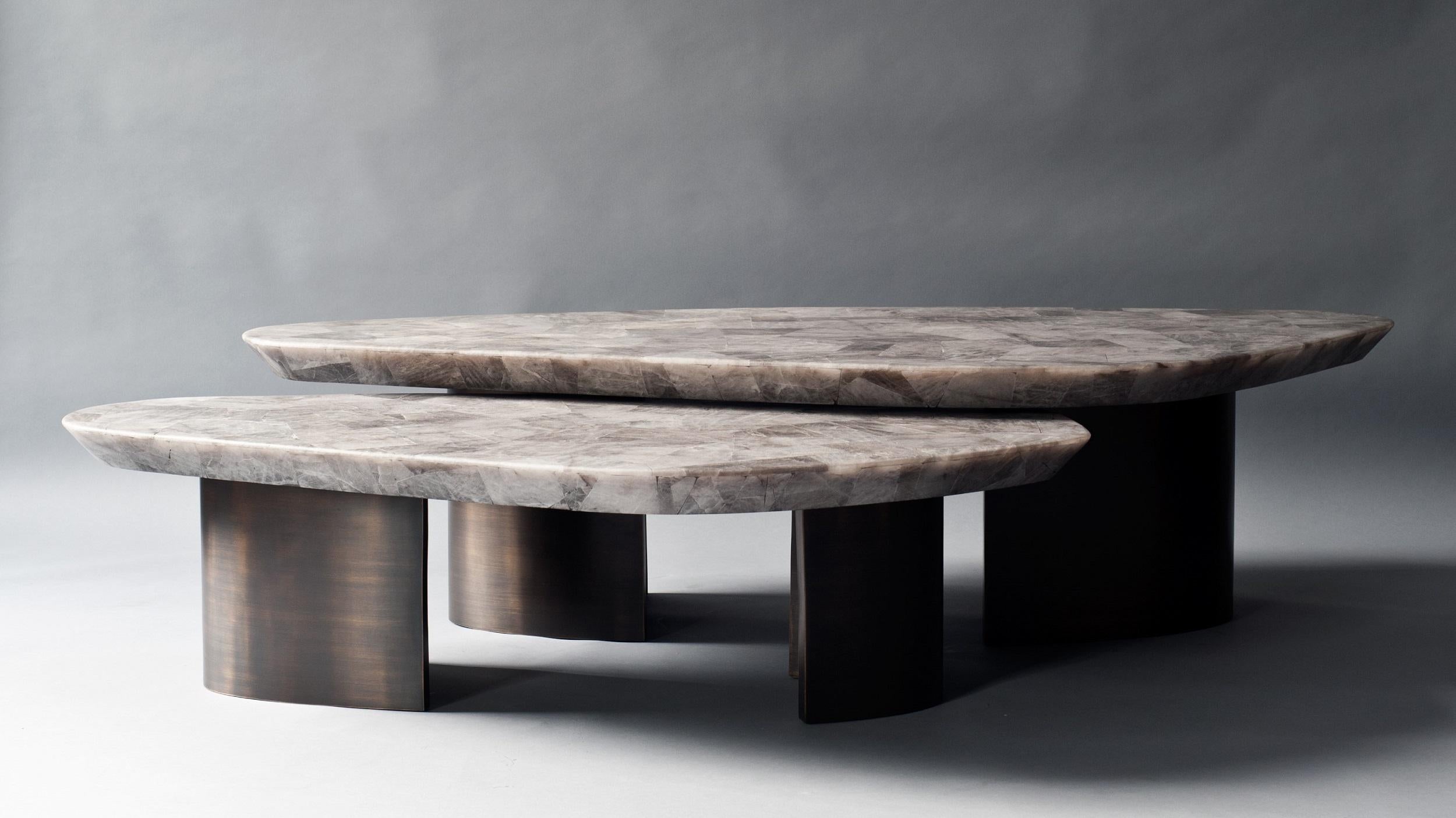 Modern Ledge Table Nested by DeMuro Das in Smokey Quartz with Antique Brass Base For Sale