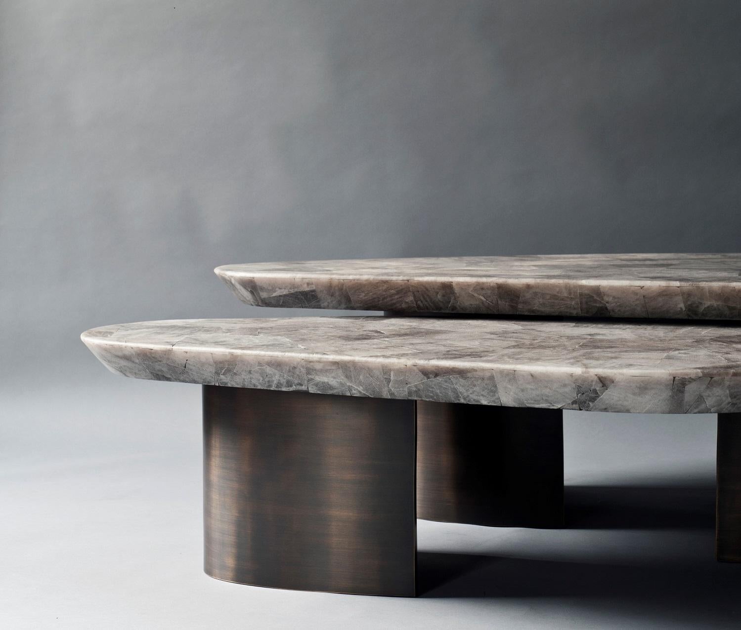 Indian Ledge Table Nested by DeMuro Das in Smokey Quartz with Antique Brass Base For Sale