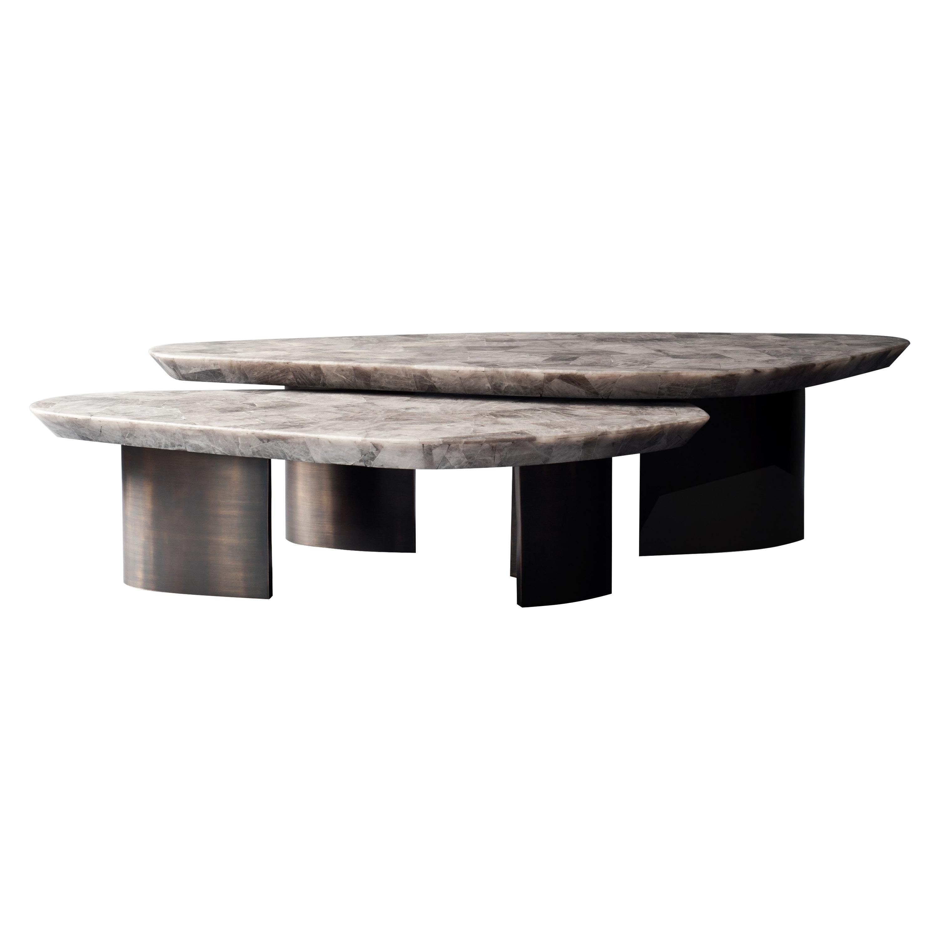 Ledge Table Nested by DeMuro Das in Smokey Quartz with Antique Brass Base For Sale
