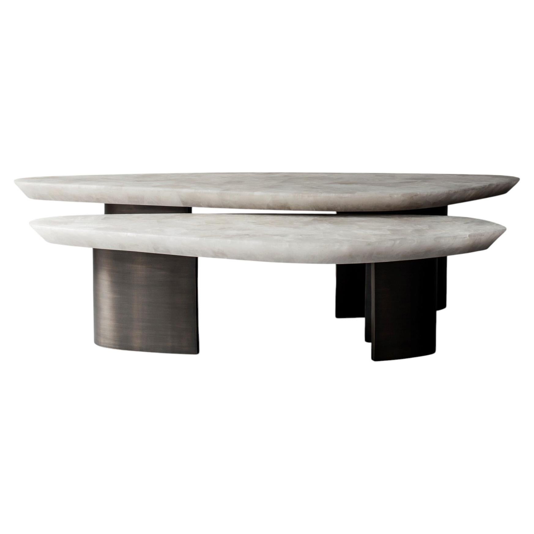 Ledge Table Nested by DeMuro Das in White Quartz with Antique Brass Base For Sale