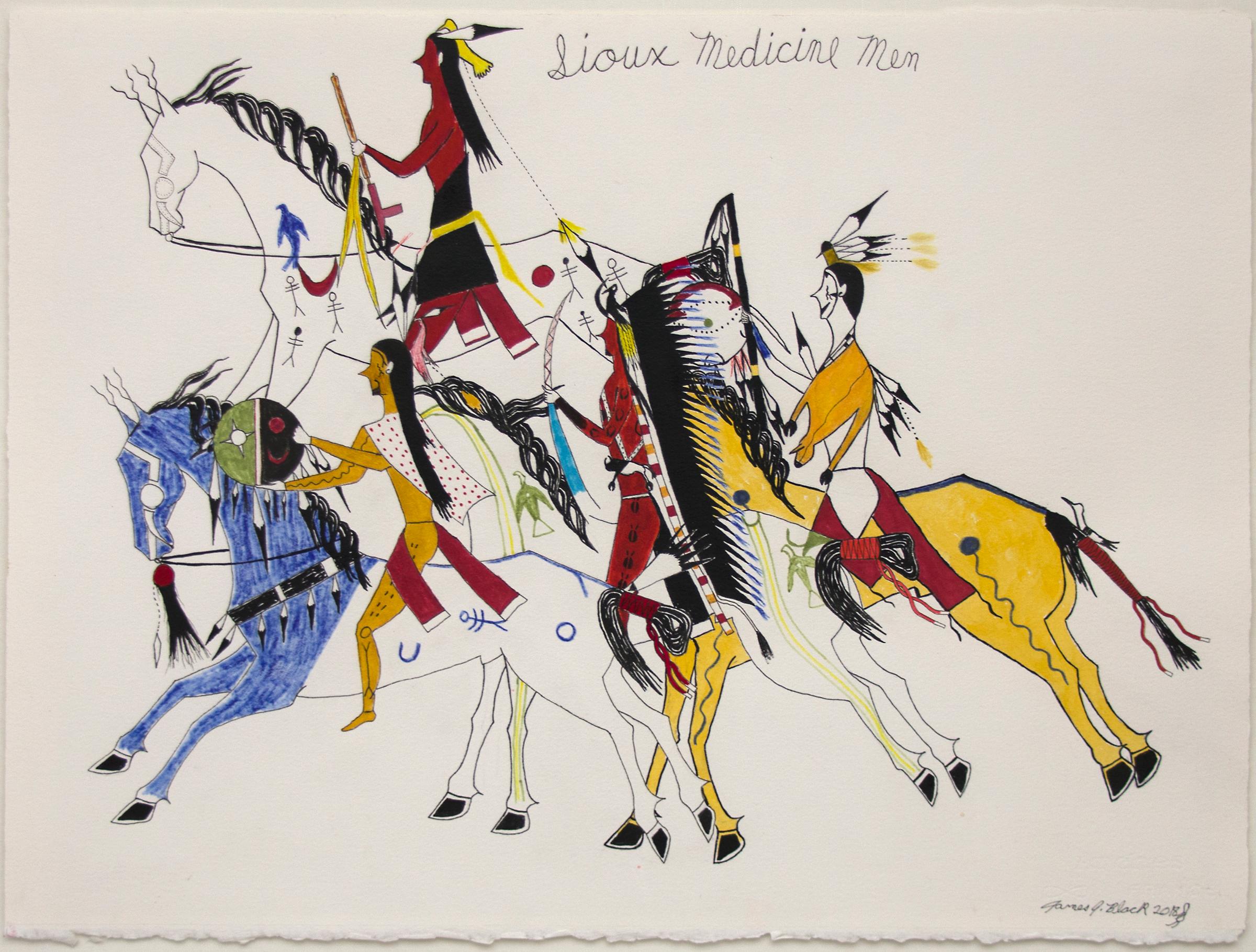 Original James black mixed-media traditional ledger style drawing depicting Sioux Medicine Men on horseback in full regalia. Oil based colored pencil on paper. Presented in a custom frame, outer dimensions measure 26 ¼ x 31 ¾ x ¾ inches. Image size