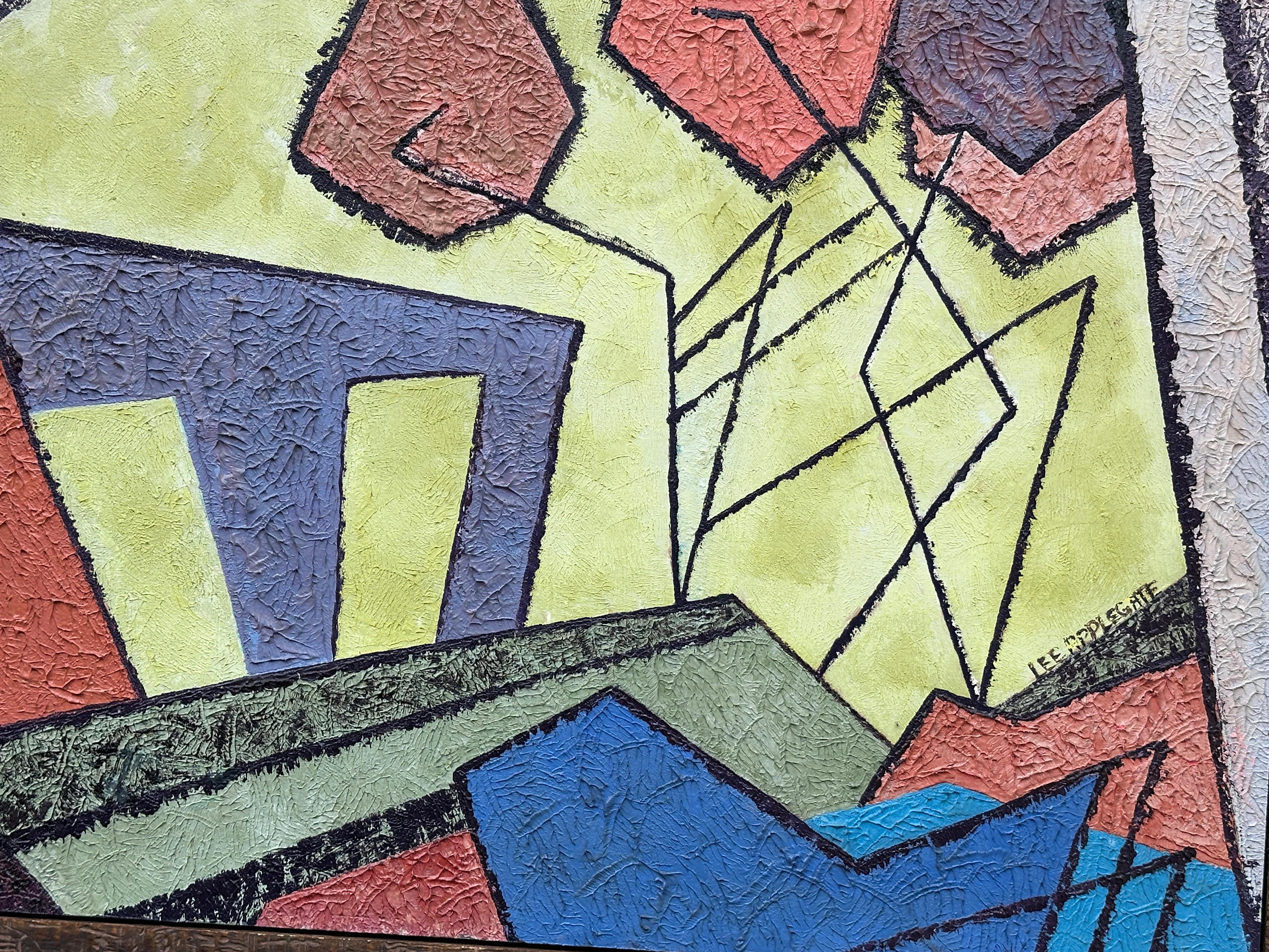 Midcentury Colorful Abstract Oil on Wood Panel by Lee Applegate For Sale 9