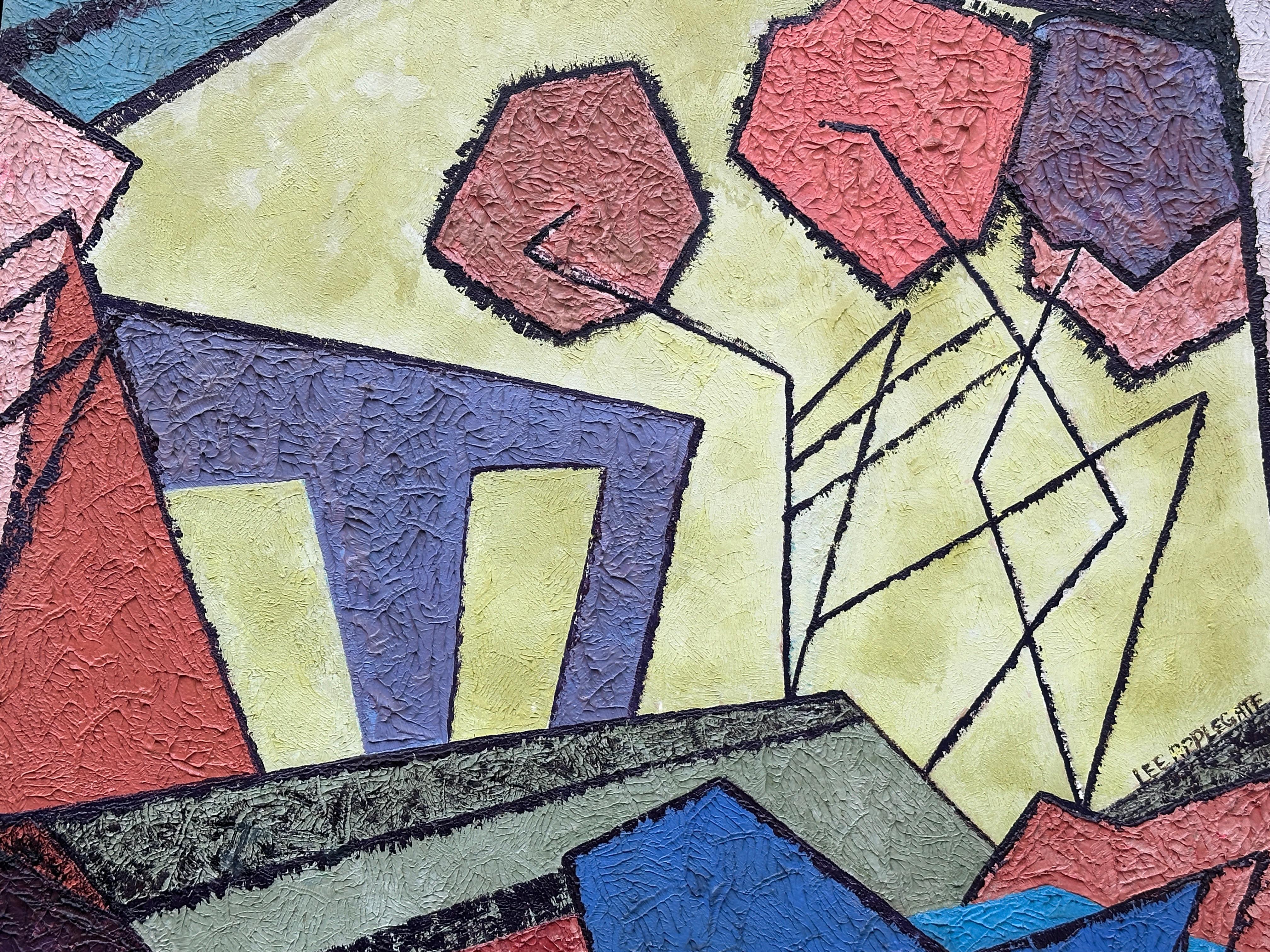 Midcentury Colorful Abstract Oil on Wood Panel by Lee Applegate For Sale 10